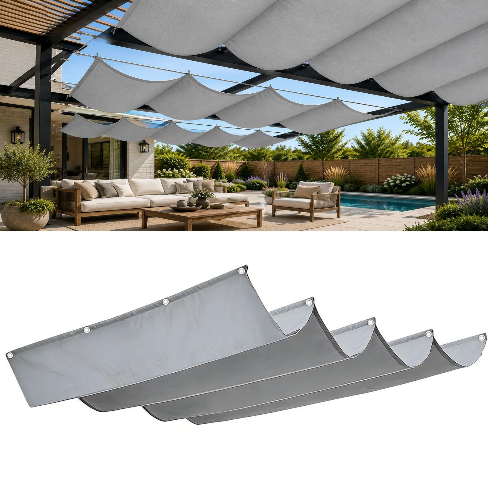 Voile d'ombrage rétractable pour terrasse et grand patio, toile de protection solaire gris clair