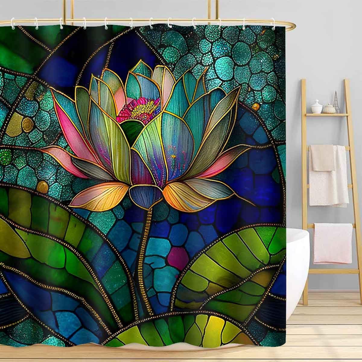 Stained Glass Shower Curtain, Vintage Glass Lotus Flowers, 72x78inch