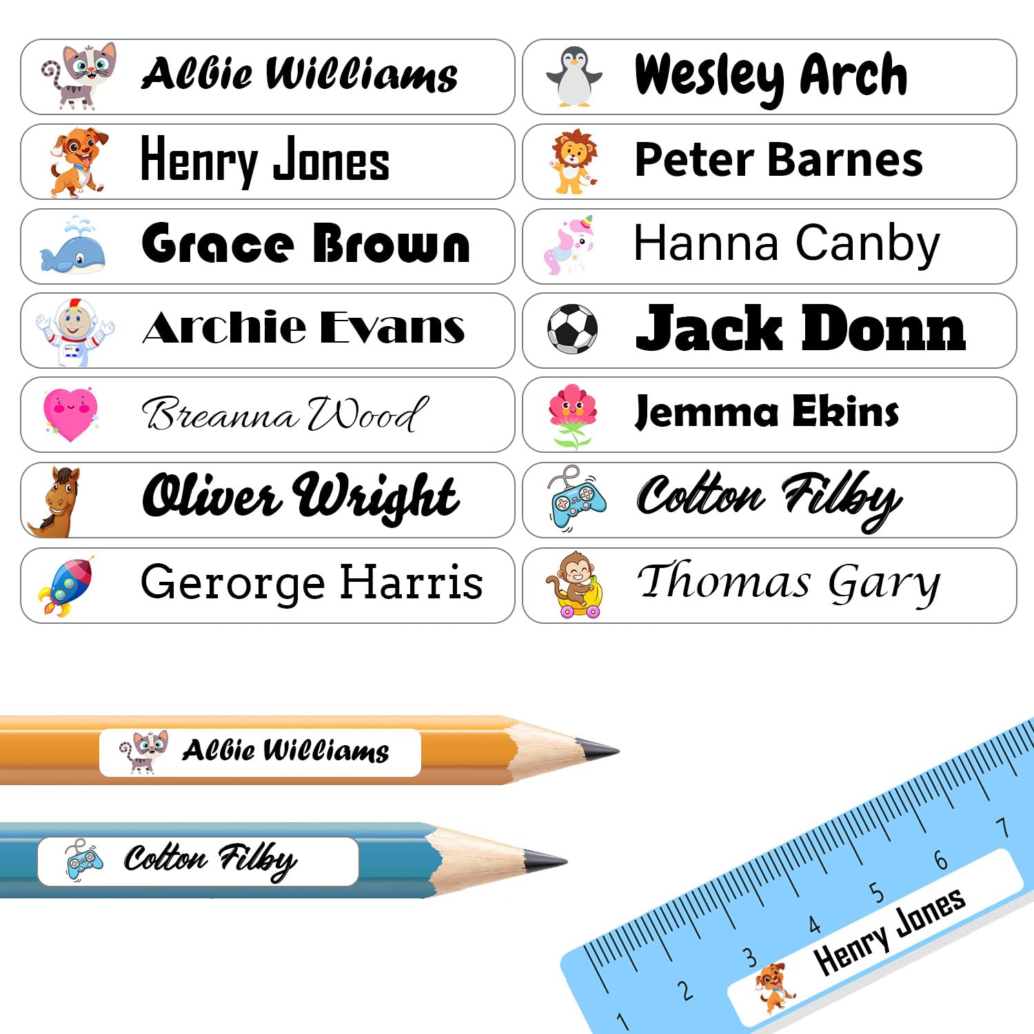 60 Personalised Stick on Name Labels Tags for School Books Bottle Boxes Bags Pencil Name Tags Washable Waterproof No Iron Sticker (White)
