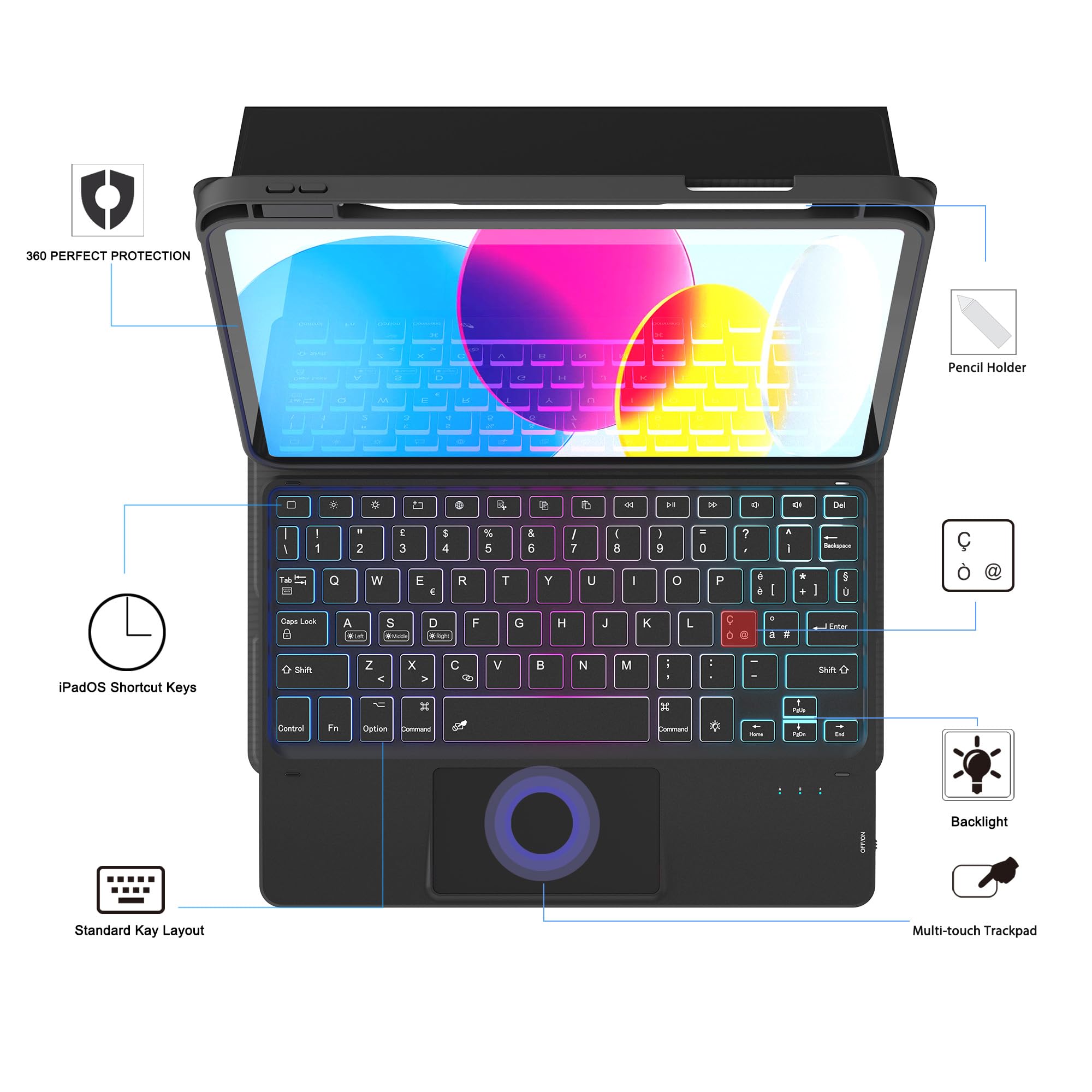 Custodia Con Tastiera per iPad 10 Generazione 10.9 2022/11 Generazione A16 2025: Tastiera Retroilluminata a 3 Zone e 7 Colori Con Trackpad Intelligente - Tastiere Rimovibile Con Layout Italiano QWERTY