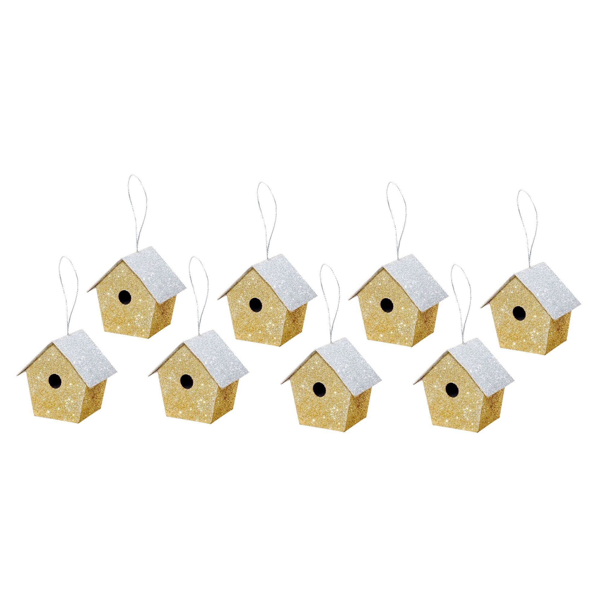 Little Birdie Handmade Christmas Ornaments - Bird House, Height 1.5 X Width 1.5 X Length 1inch, Gold, 8pc