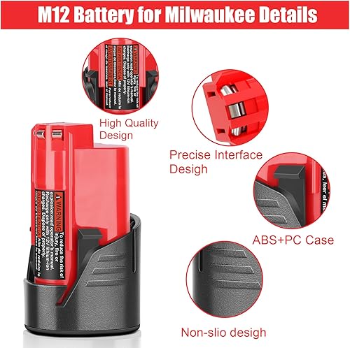 Miniatura 5 de KUNLUN Paquete de 2 baterías de repuesto de iones de litio de 12 V 3.0 Ah compatibles con chaqueta térmica Milwaukee M 12 48-11-2420 48-11-2440