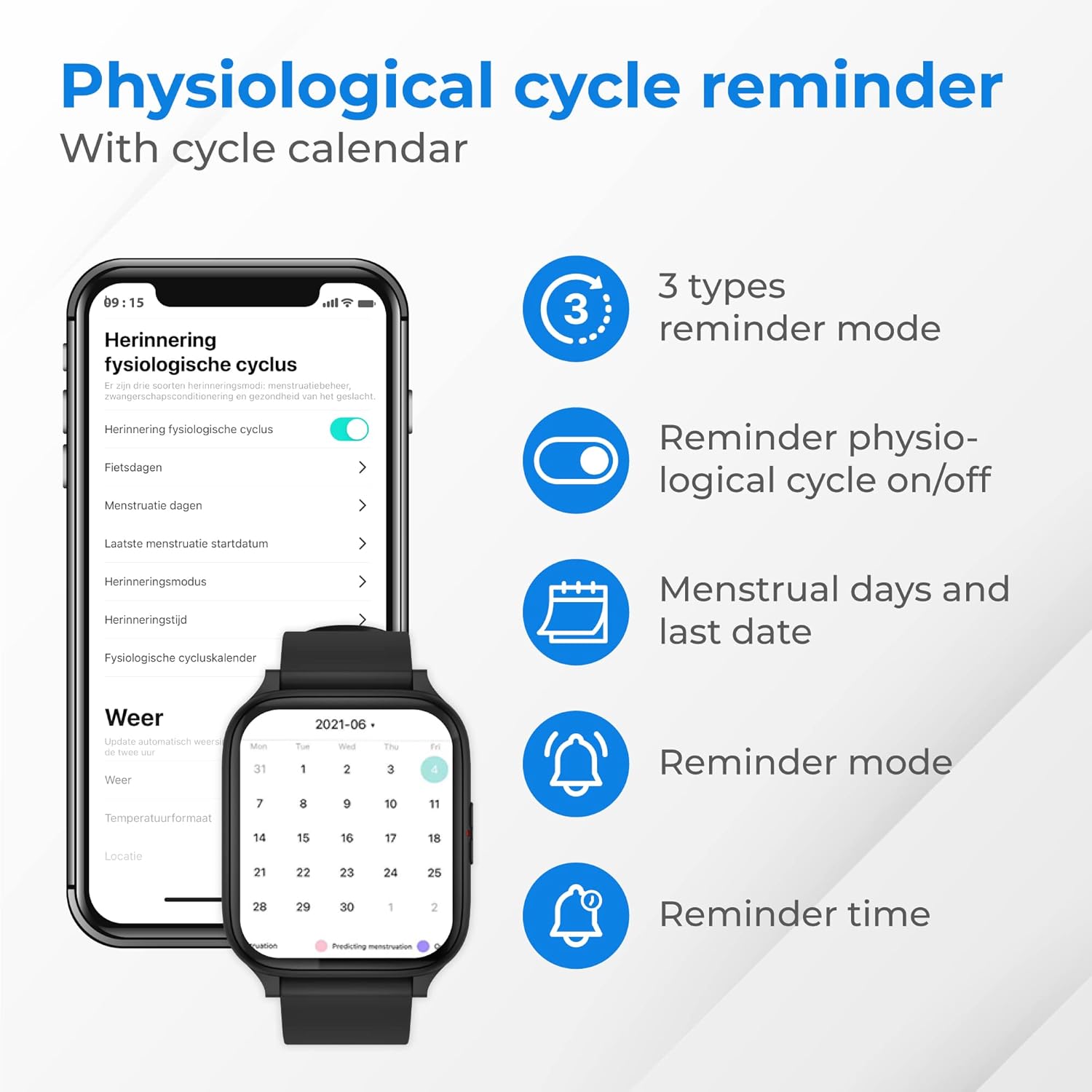 Smartphone app screen showing physiological cycle reminder settings with calendar, reminder modes, and times.