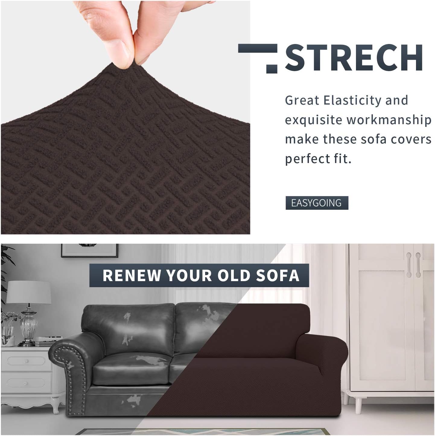 Easy-Going Stretch Jacquard Chair Couch Cover, 1-Piece Soft Sofa Cover, Sofa Slipcover with Anti-Slip Foams, Washable Furniture Protector for Kids, Pets (Chair, Chocolate Brown)