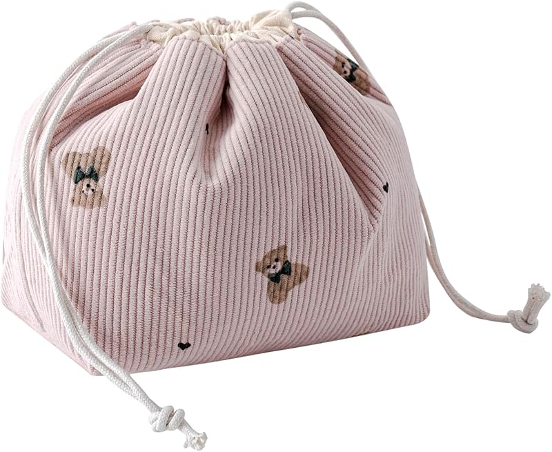 Necessaire de Maquiagem uekeboag em Veludo Cotelê com Cordão e Forro de Lona, Estampa de Urso, 01Pink Bear
