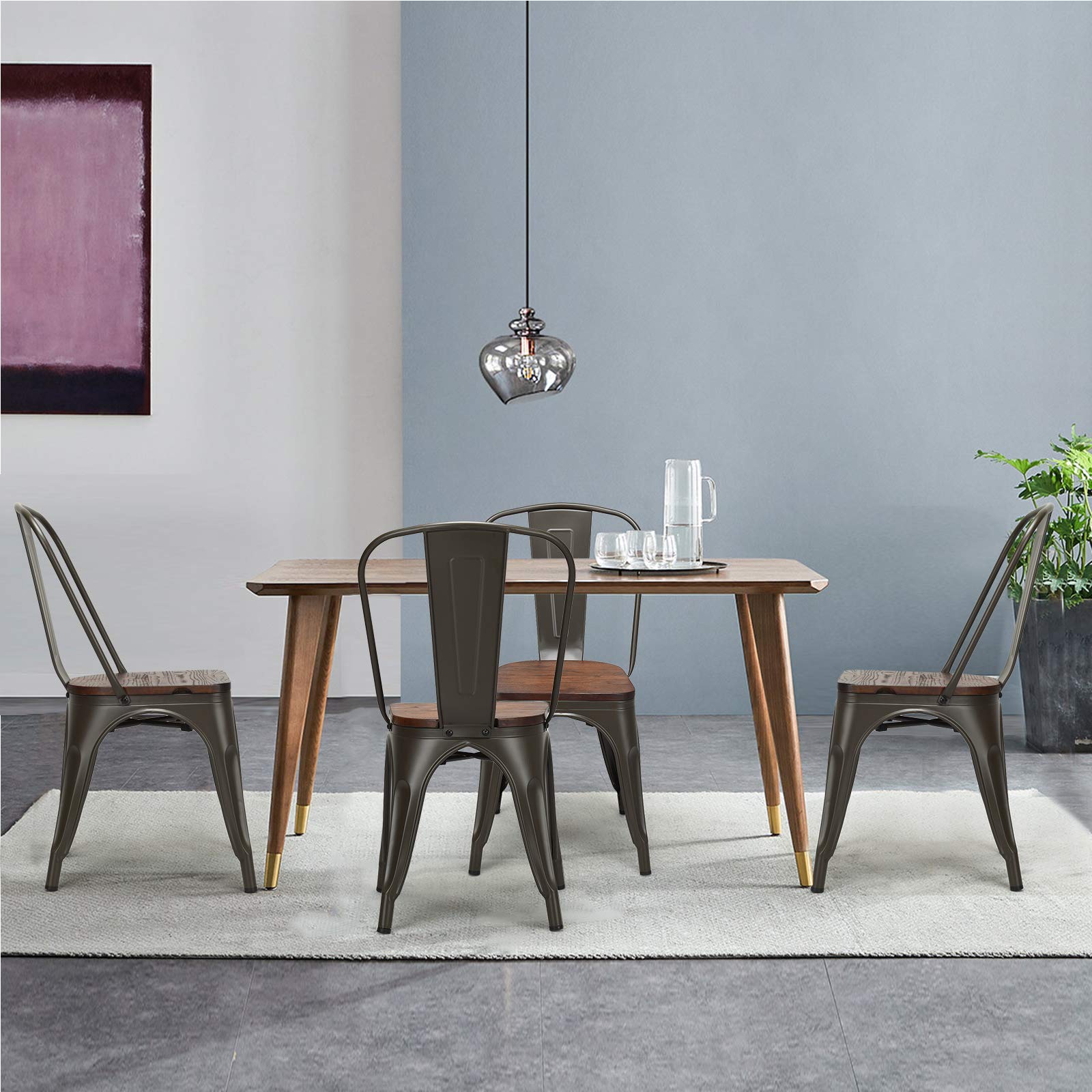 GOPLUS Lot de 4 Chaises en Métal Salle à Manger, Chaises avec Assise de Style Industriel, Vintage en Bois Massif, Tabouret Empilable avec Dossier pour Jardin Balcon (Vintage)