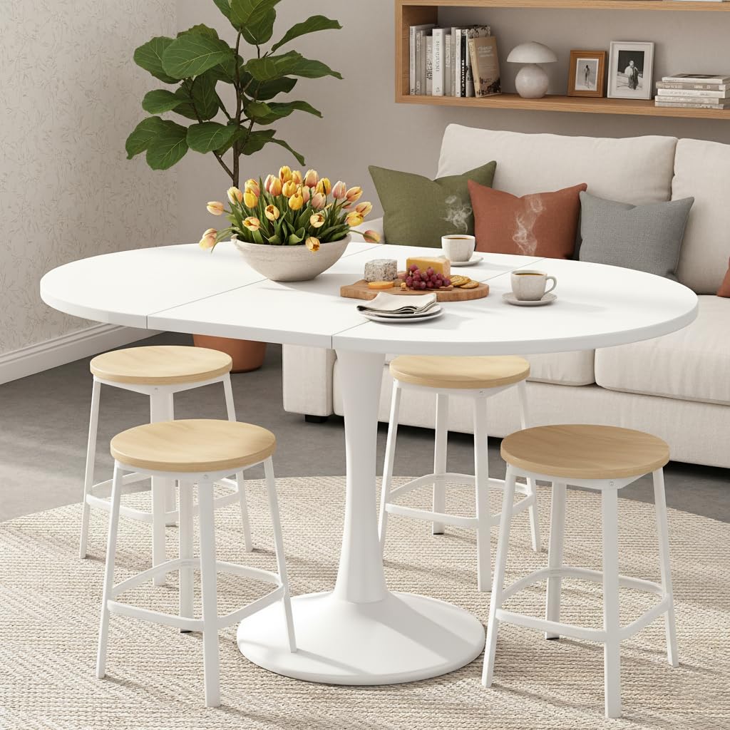 Tavolo da pranzo allungabile bianco, 100-140 cm, ovale/rotondo, per 2-8 persone, in legno, moderno tavolo da soggiorno e cucina, tavolo rotondo (A, bianco)