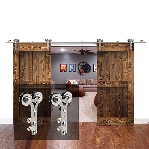 Miniatura 8 de Kit de riel deslizante de acero inoxidable para puerta de granero de 6.6 pies, resistente para puerta de madera doble (gancho en forma de Y)