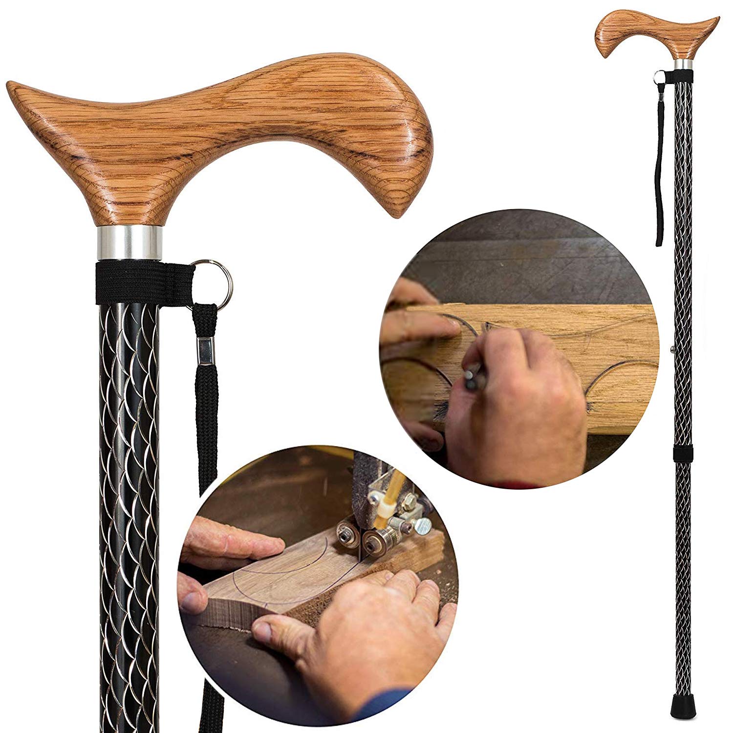 Brazos Adjustable Walking Cane for Men and Women Made of Lightweight Engraved Aluminum with Wooden Handle, Wrist Strap and Rubber Tip for Safety, Black and Silver Body with Red Oak Handle