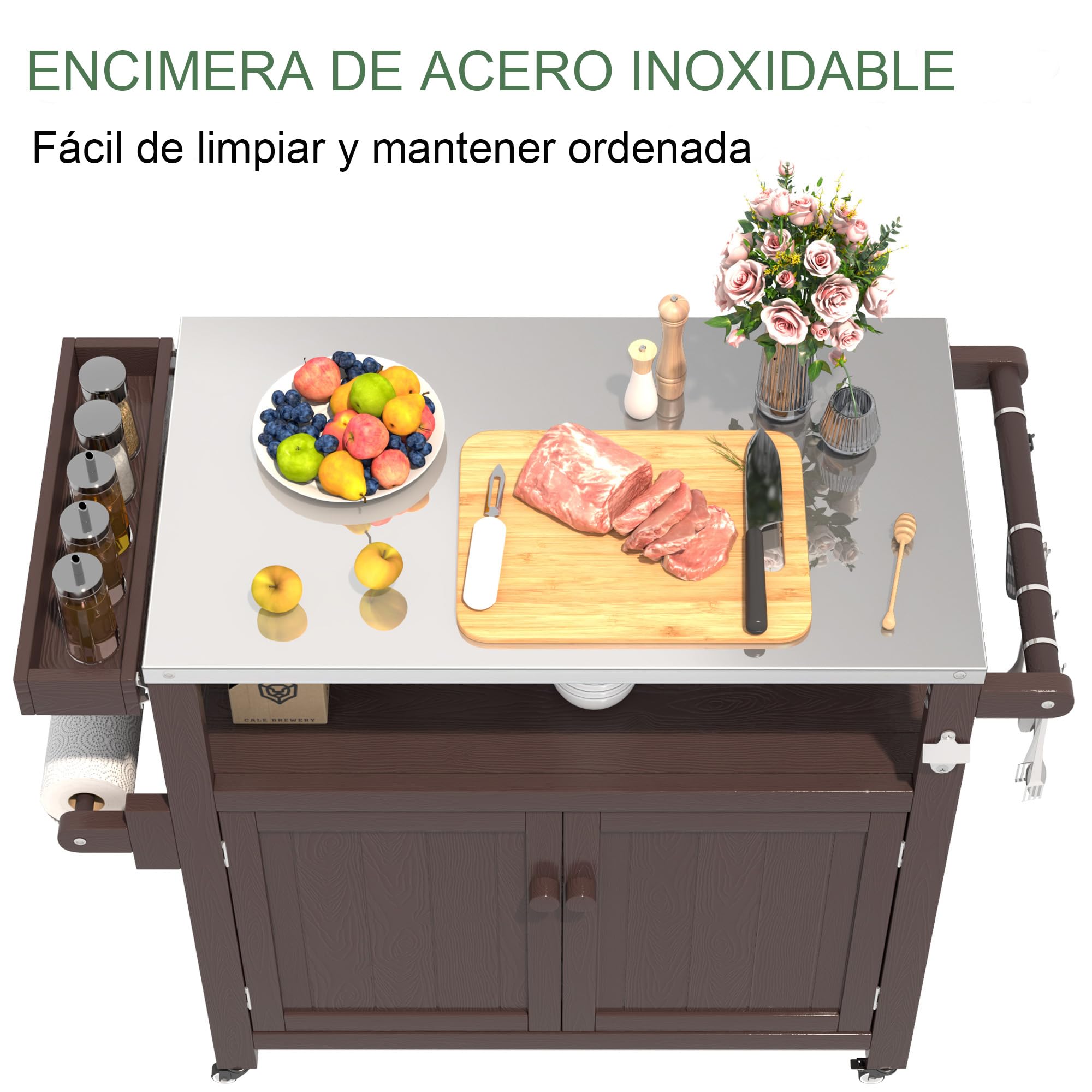 Carrito de Parrilla para Exteriores con Cubierta de Acero Inoxidable, Carrito de jardín Hips Resistente a la Intemperie, Isla de Cocina portátil con Ruedas, Ganchos y Estante Lateral