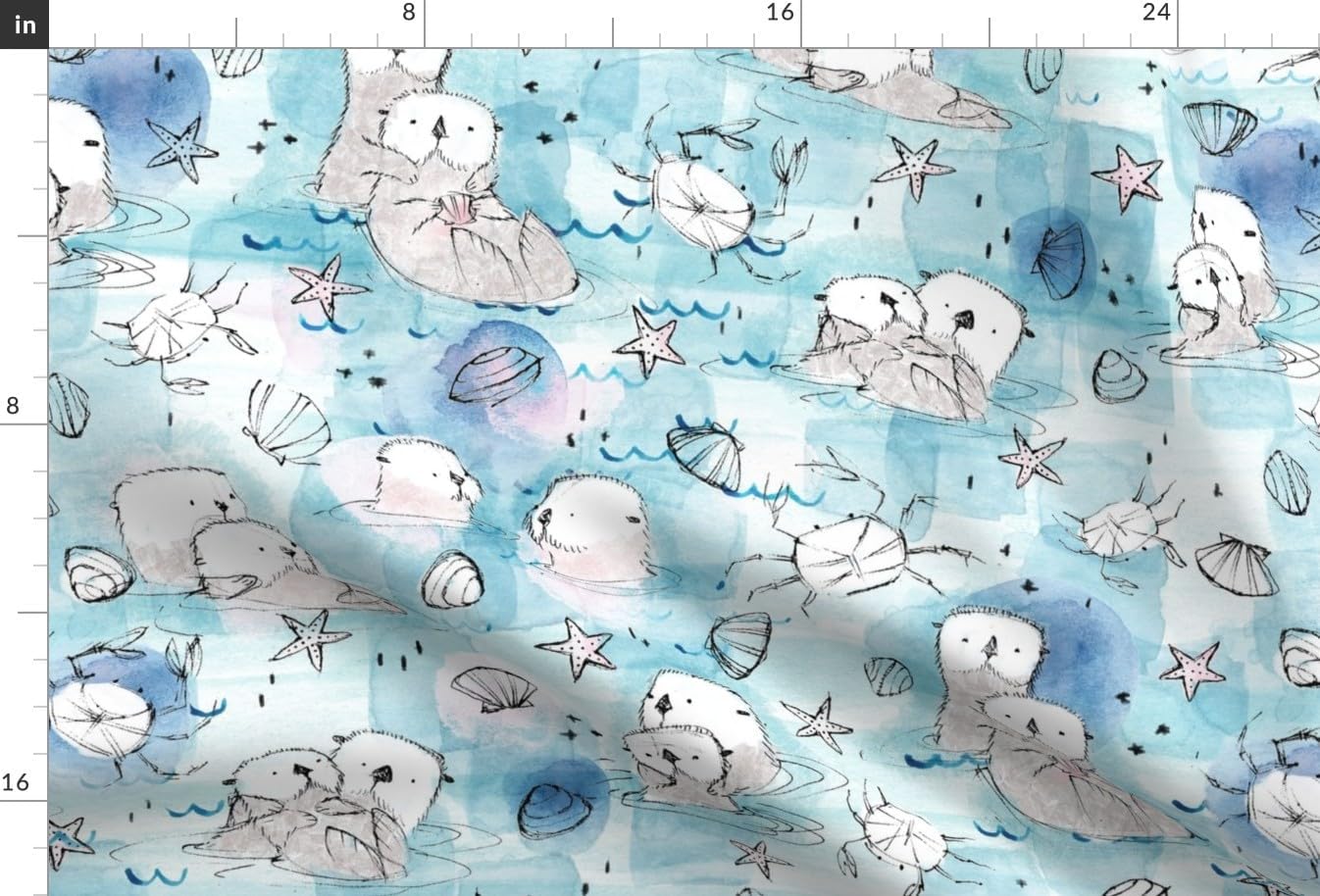 Spoonflower Fabric - Otters Blush Neutral Sea Watercolor Crab Coastal Otter Printed on Upholstery Velvet Fabric Fat Quarter - Upholstery Home Decor Bottomweight Apparel