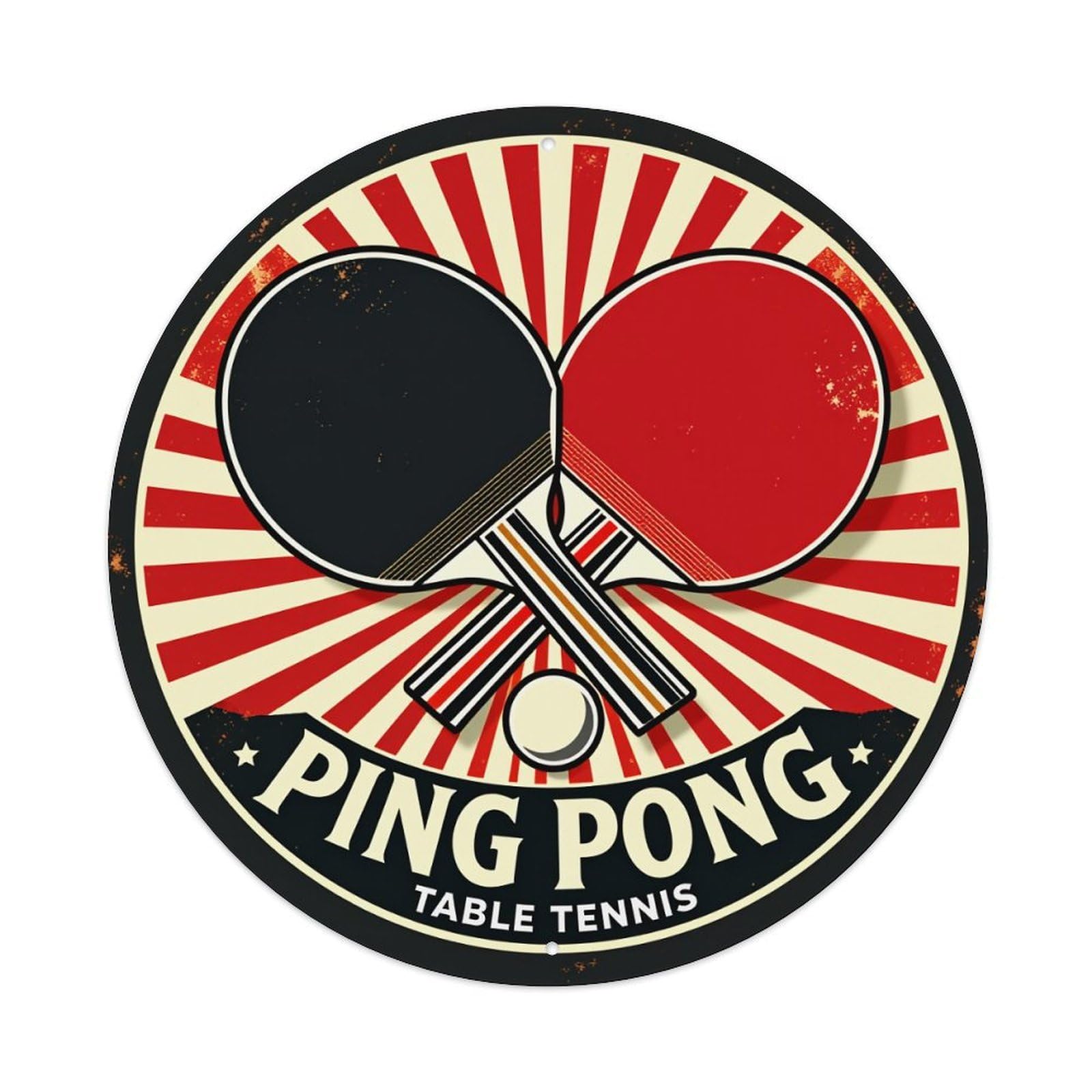 Wmlzdnwr Vintage Red And White Stripes With Ping Pong Paddles And Ball Round Tin Sign,Retro Wall Art,Metal Poster For Home, Bar, Garage, Cafe, Rustic Indoor & Outdoor Decor, 8X8 Inches