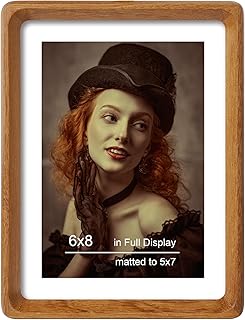 6x8 Picture Frame Natural Teak Wood with Mat for 5x7, Original Natural Solid Wood 6 by 8 Photo Frames with Tempered Glass Cover for Wall and Tabletop Display