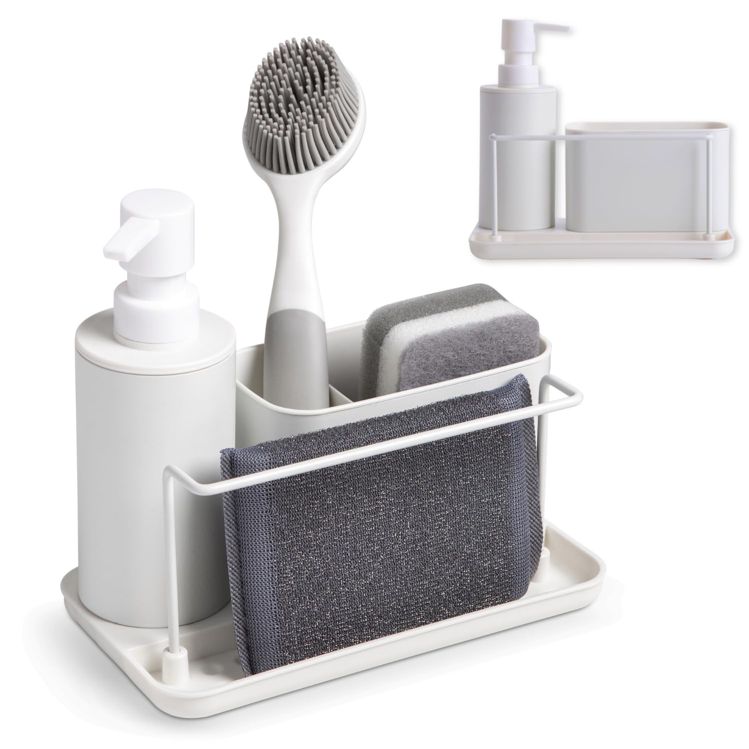 Dispensador Jabón Cocina plástico Blanco Mate - Organizador de Fregadero con Compartimento para Estropajo y cepillos y Soporte para bayeta - dosificador jabon Cocina - 21x12x19 cm.