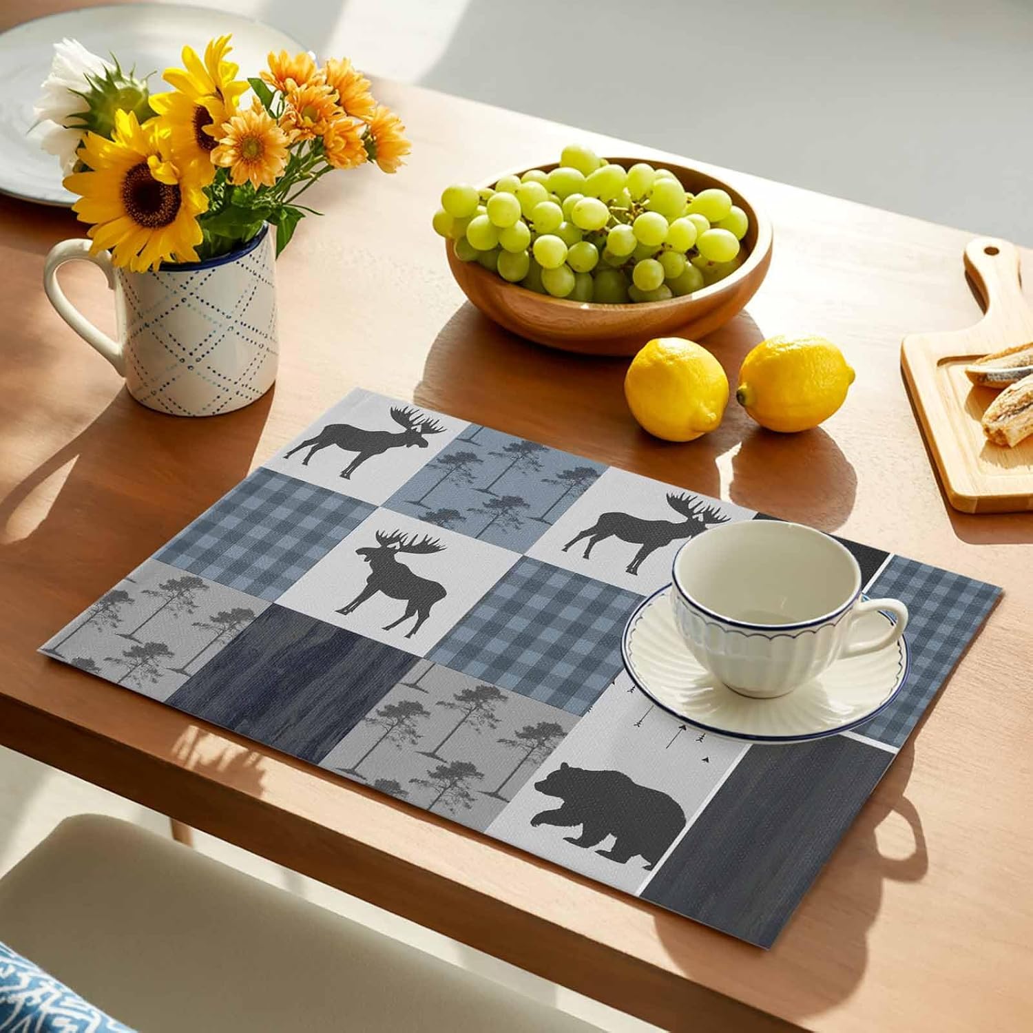 Dining Table Placemats - Retro Countryside Bear Moose Woods Heat Insulation Placemats Set of 4, Grey Blue Plaid Non Slip Place Mats for Living Room/Kitchen/End Tables, 13"x19"