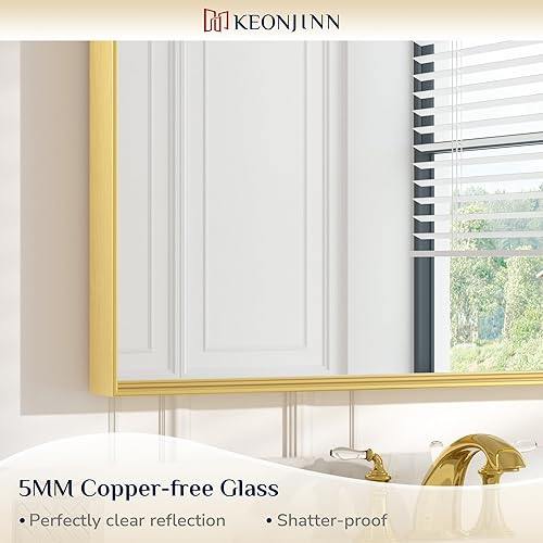Miniatura 9 de Keonjinn Espejo de baño dorado de 60 x 36 pulgadas, espejo rectangular de esquina cuadrada con marco de metal dorado cepillado, espejo de pared