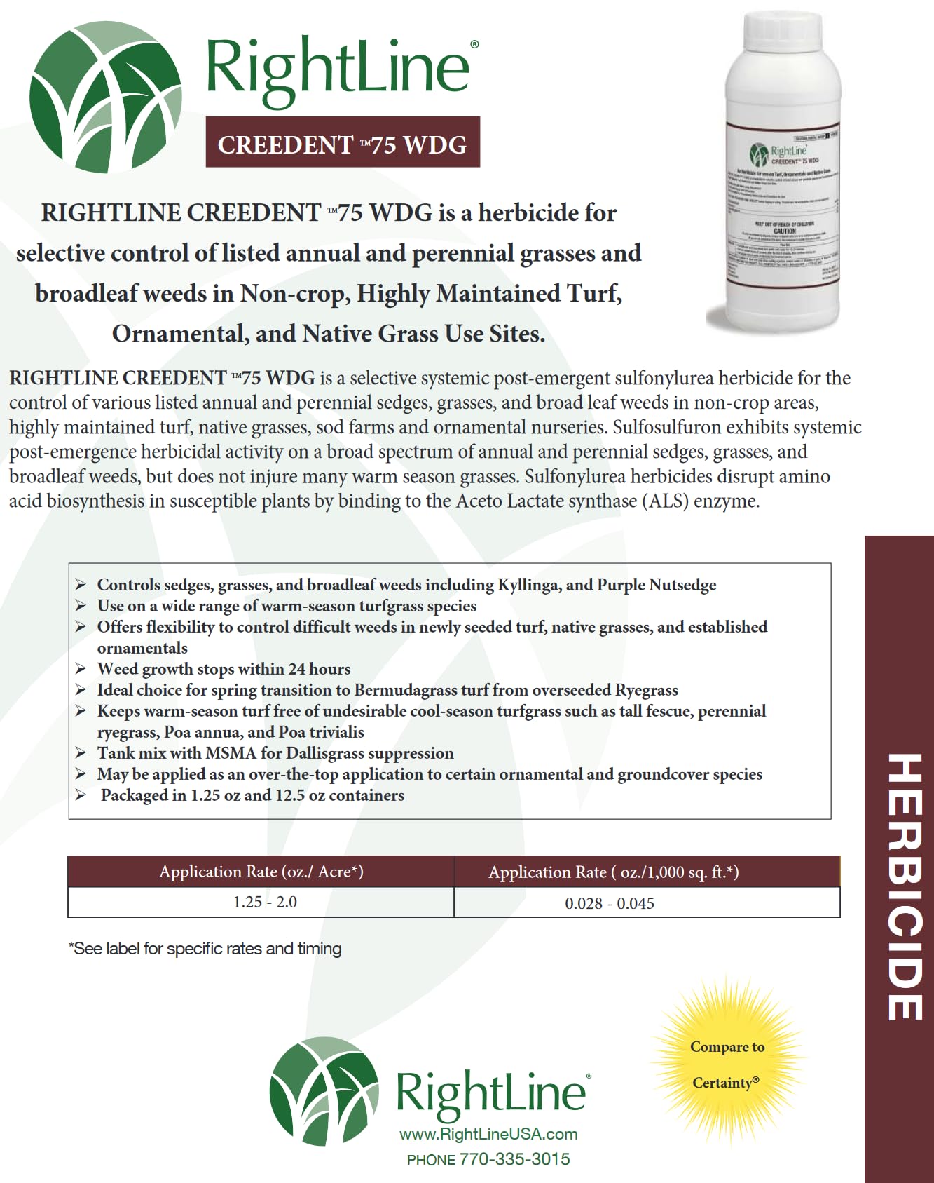 Amazon.com: RightLine Generic Creedent 75 WDG 除草劑(1.3 盎司)- 與確定性除草劑比較-  適用於上市年度和多年生草和寬葉雜草的選擇性控制: 露臺、草皮與花園