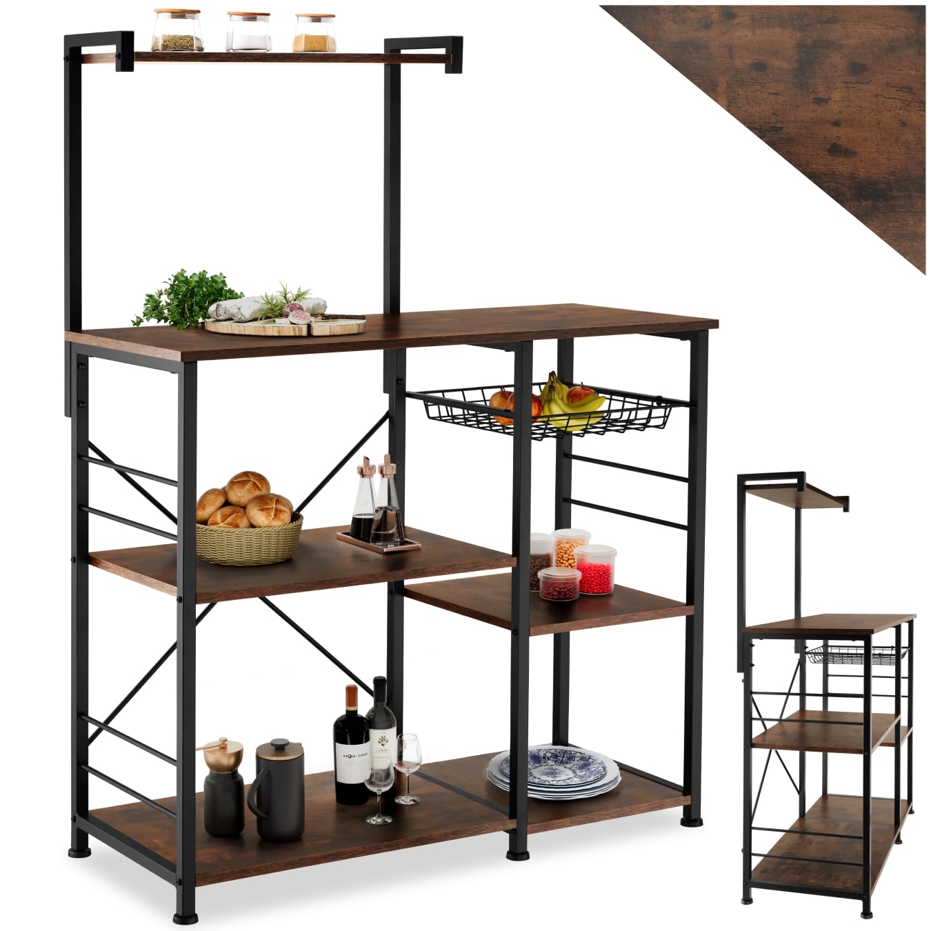 tectake® Küchenregal, Küchenschrank, Regal Metall Holz mit 6 Ablagen, 90x40x131,5cm, Küchenwagen, Kitchen Organizer für Mikrowelle & Geschirr, Kücheninsel - Industrial Dunkelbraun