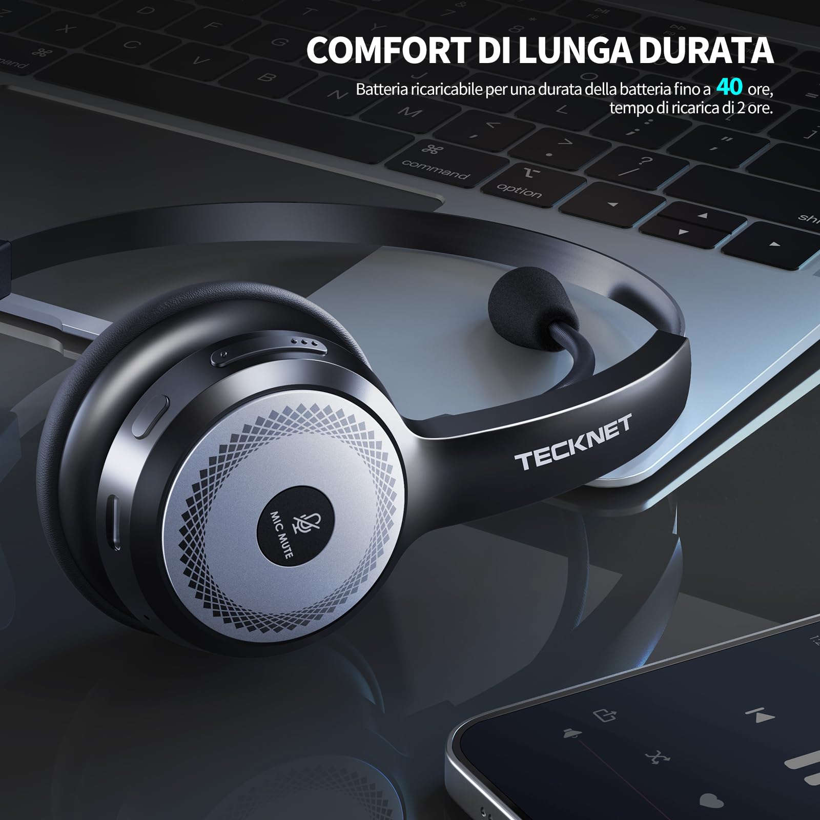 TECKNET Cuffie Bluetooth Senza Fili con Microfono, Cuffie Wireless per PC con Cancellazione del Rumore AI, Cuffie sull'orecchiocon Stazione di Ricarica, per Camionista, Ufficio, Call Center