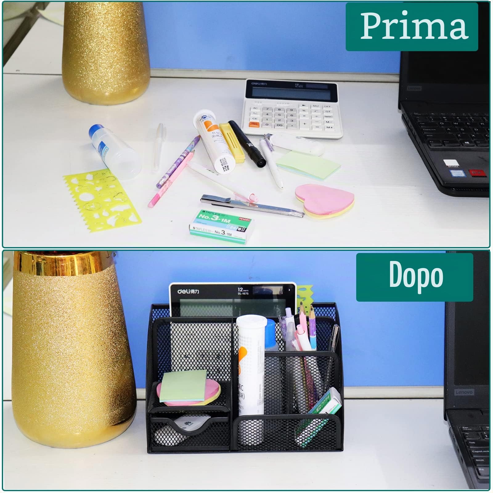 Organizer Scrivania, Portapenne da Scrivania, Portapenne in Rete Metallica Accessori Scrivania, Multifunzione Porta Penne Portaoggetti Scrivania con Cassett, per Uffici, Scuola e Casa (Nero)