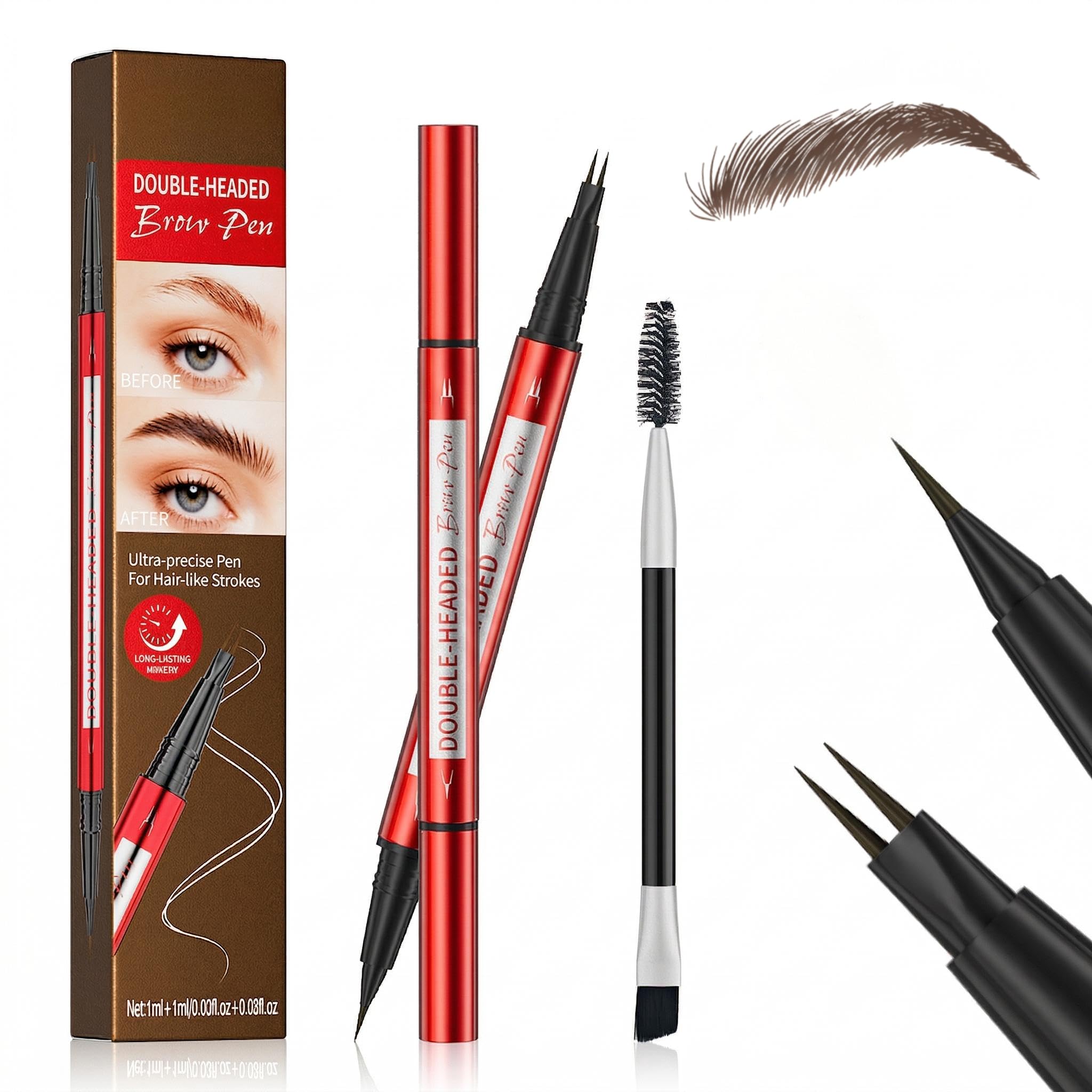 Doppelseitiger Microblading Augenbrauenstift Wasserfest Augenbrauenfarbe mit 2-Zinken und 1-Zinken Spitze Wischfester Brow Pen für Natürliche Härchenzeichnung Inklusive Augenbrauenbürste, Braun