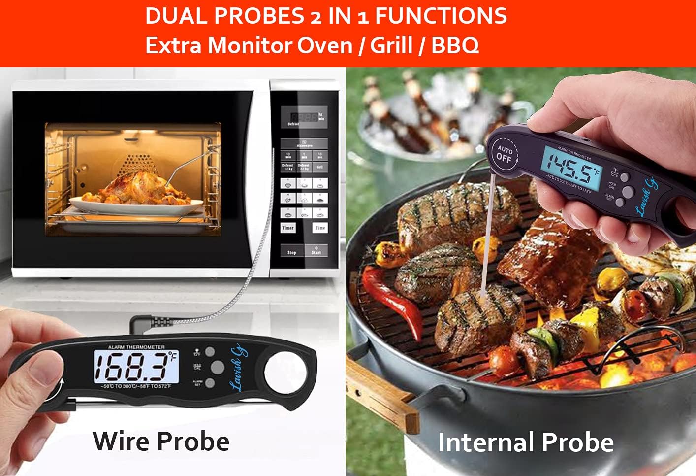 review Lavish G Dual Digital Instant Read Meat Thermometer Waterproof Food Thermometer Oven for Safe Deep Frying Baking Indoor Outdoor Cooking Grilling BBQ Black, 6.1 x 1.5 x 0.71 inches