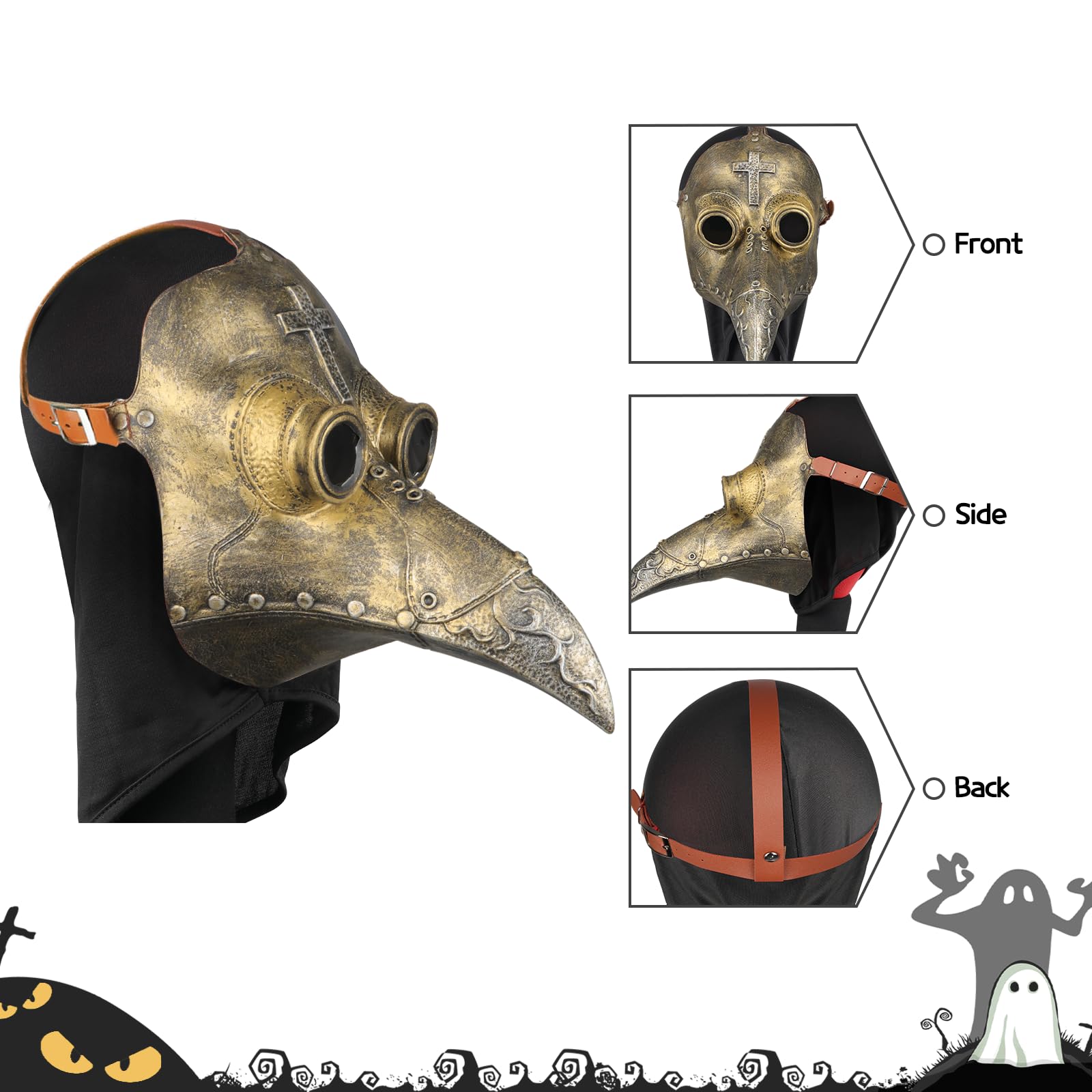 Plague Doctor Mask, Retro Leather Plague Doctor Bird Mask, Long Nose Beak Steampunk Props and Black Gloves - Image 4