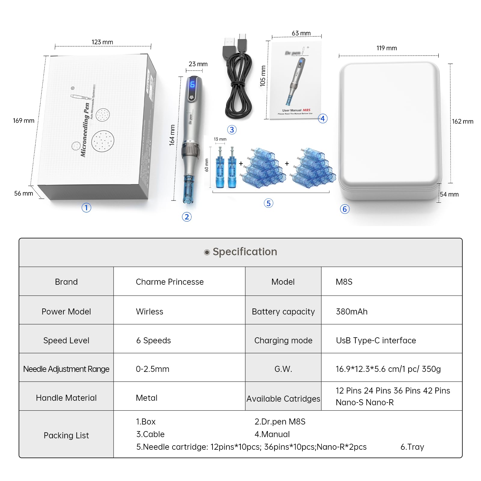 M8S Microneedling Pen Elektrisch,Professional Dermapen Kabellos Einstellbar 0-2,5mm mit LED Bildschirm und 6 Stufen inkl.22 Stk Nadelpatronen,Dermapen Microneedling für Gesicht und Körper M8SKIT-EU