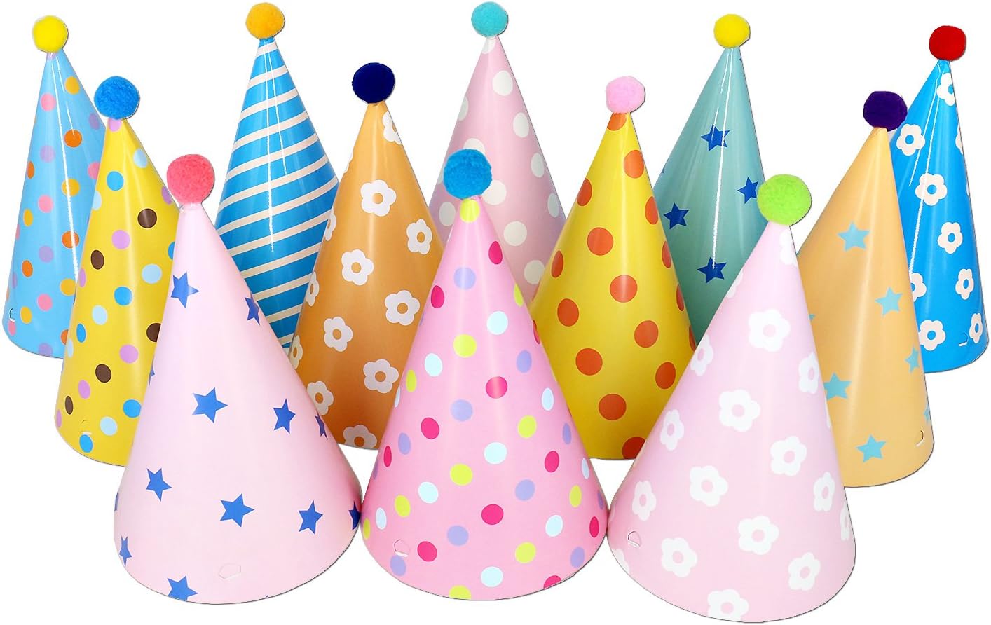 Birthday Party Cone Hats with Pom Poms,12 Pack