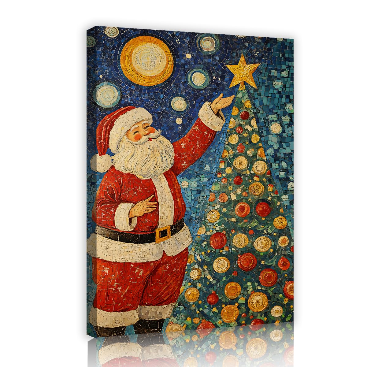 Via Vela Mosaic Starry Night Santa Framed Canvas Wall Art for Living Room Holiday Decor Vintage Christmas Tree Full Moon Artwork Posters for Bedroom Dining Room 70x110cm