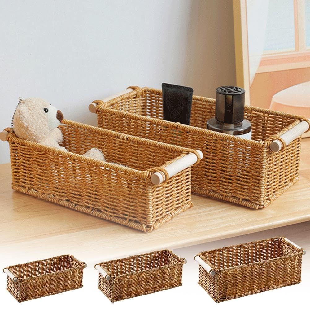 Creative Home 4x Cesto Vimini 40x30x16 +/-2cm | Cestino Portaoggetti in Vimini Naturale con Maniglie | Cestini Salvaspazio, Rettangolare, Intrecciato a Mano | Contenitori Bagno, Documenti Giocattoli