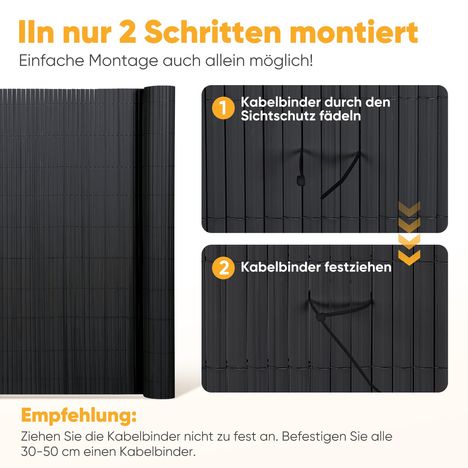 Sunula PVC Sichtschutzmatte Balkon Sichtschutz 90x300cm Doppelte Verstärkung Sichtschutzzaun Ohne Bohren mit Kabelbindern, Wasserdicht Windschutz Balkonabdeckung für Garten Terrasse, Anthrazit
