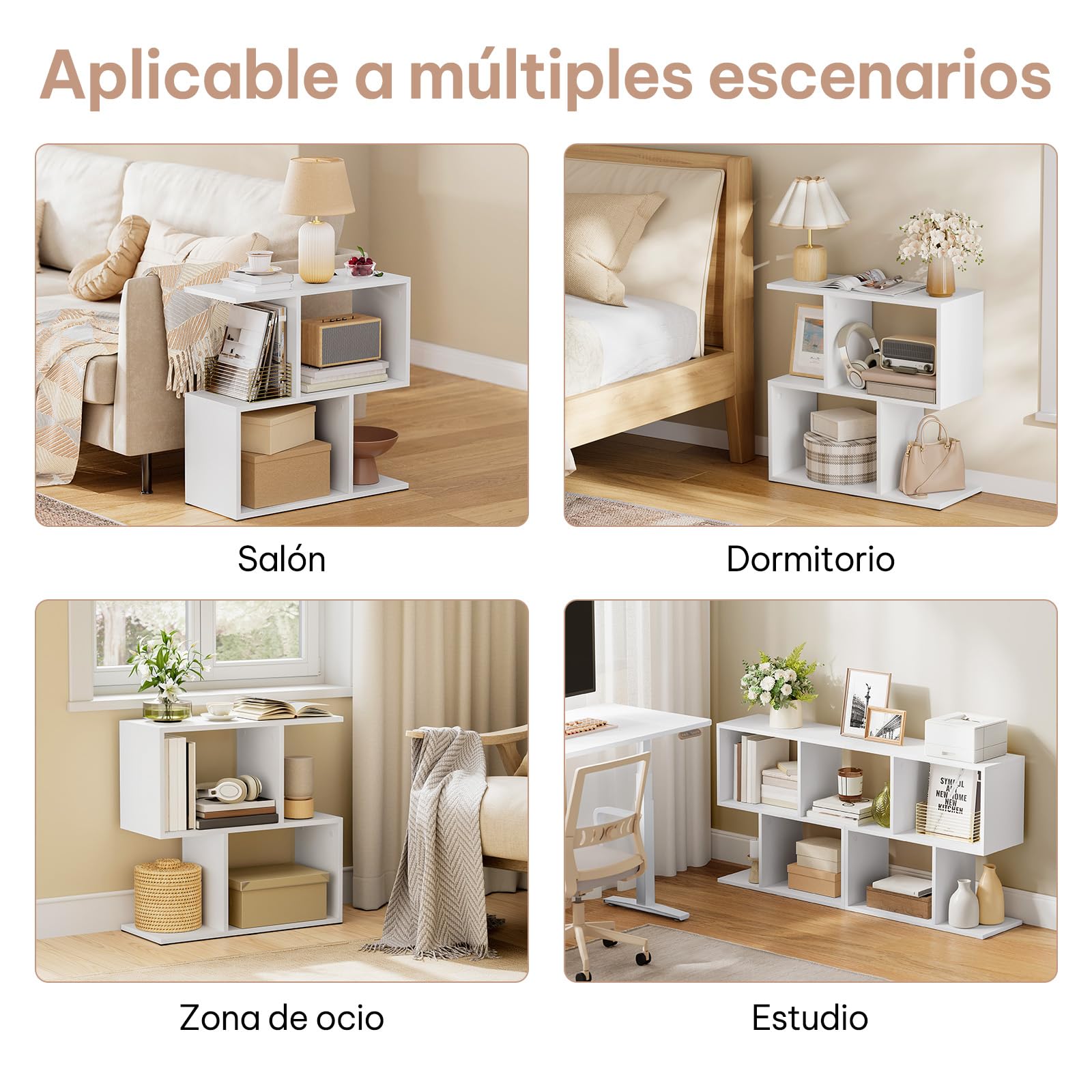 eSituro Tavolino da Salotto a Forma di S, Tavolino Laterale da Divano Moderno, Tavolino da Caffè per Soggiorno, Balcone, Studio, Camera da Letto, con 3 Ripiani e 4 Scomparti, Bianco