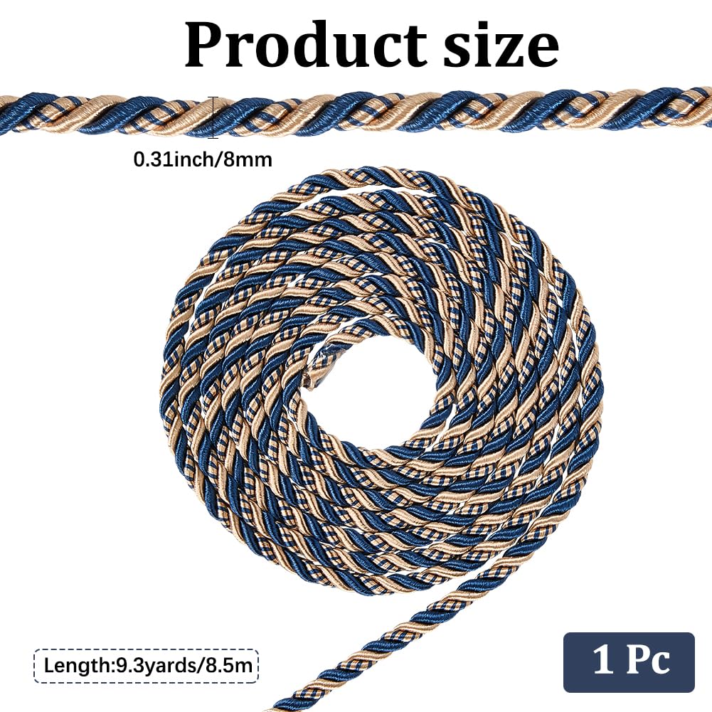 CABODYALS 8.5M 8MM Blue Gold Braid Cord Trim Decorative Twine Woven Rope Polyester Silk Graduation Honer String Satin Cords Xmas Thread Trimming for Sewing Making Curtain Decor Crafts Upholstery Diy - Image 2