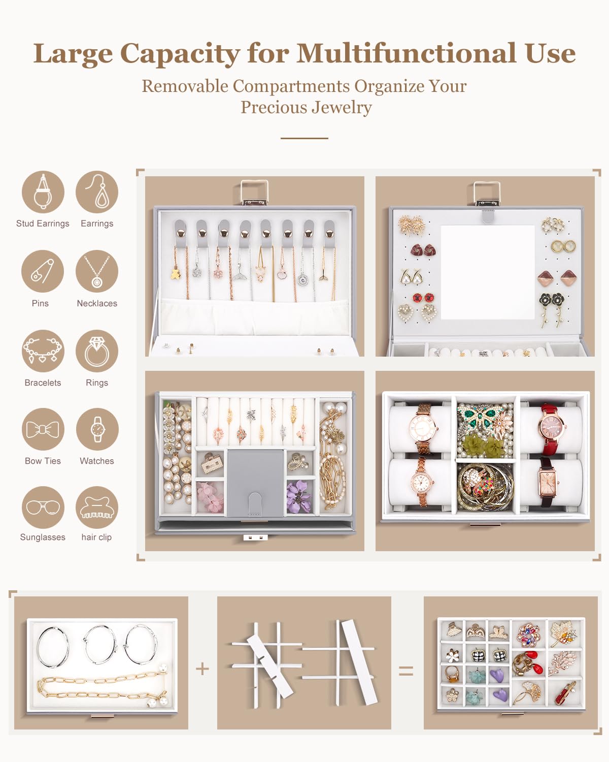 DesignSter Joyero con 2 cajones, organizador de joyas con cerradura de 3 capas con espejo, estuche grande de cuero para guardar joyas, pendientes, collares, anillos, pulseras, color gris