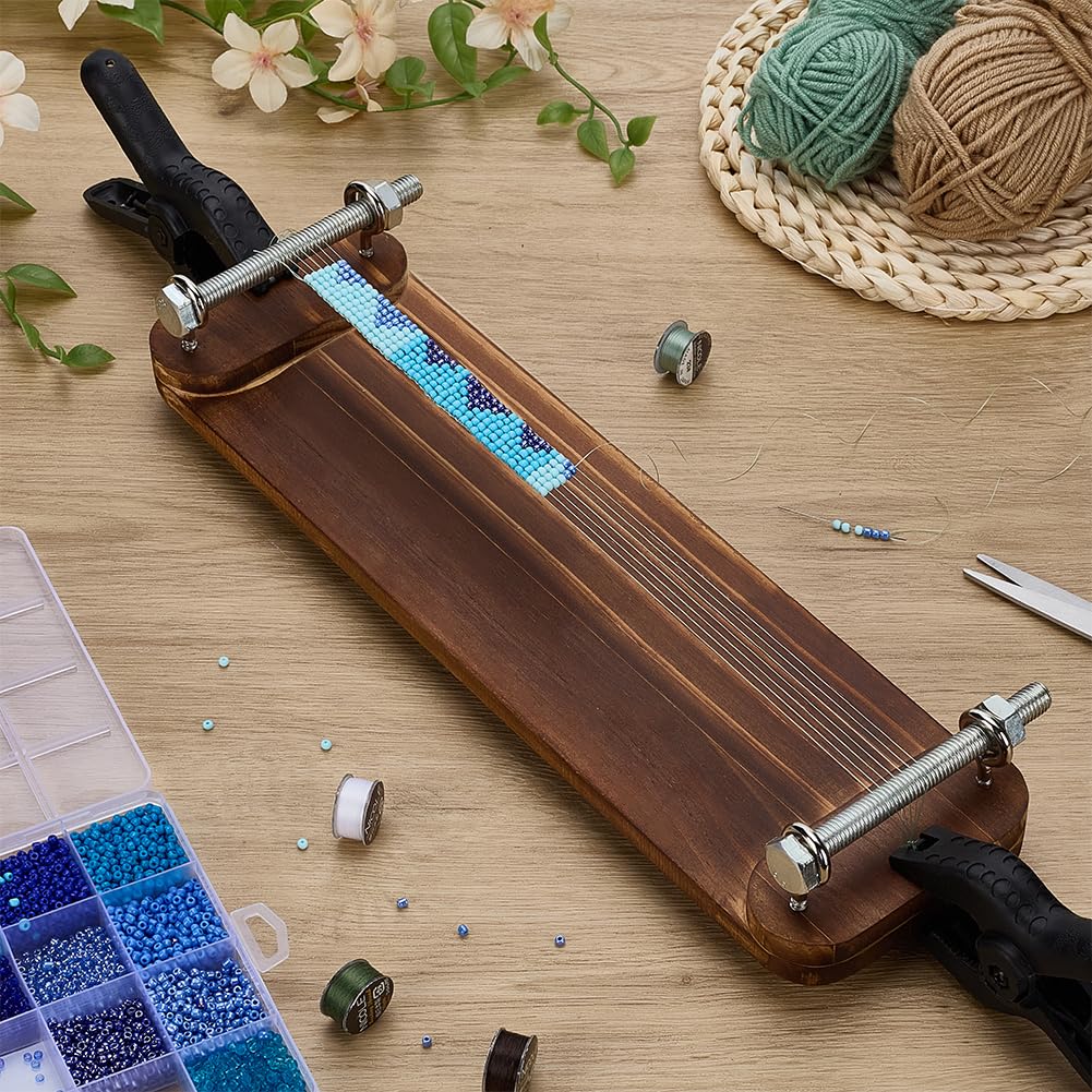 FINGERINSPIRE - Artesanía de tejido rectangular de madera para tejer perlas de rocalla, herramienta de fabricación de joyas para perlas de rocalla, color siena, 35 x 10 cm para collares y pulseras