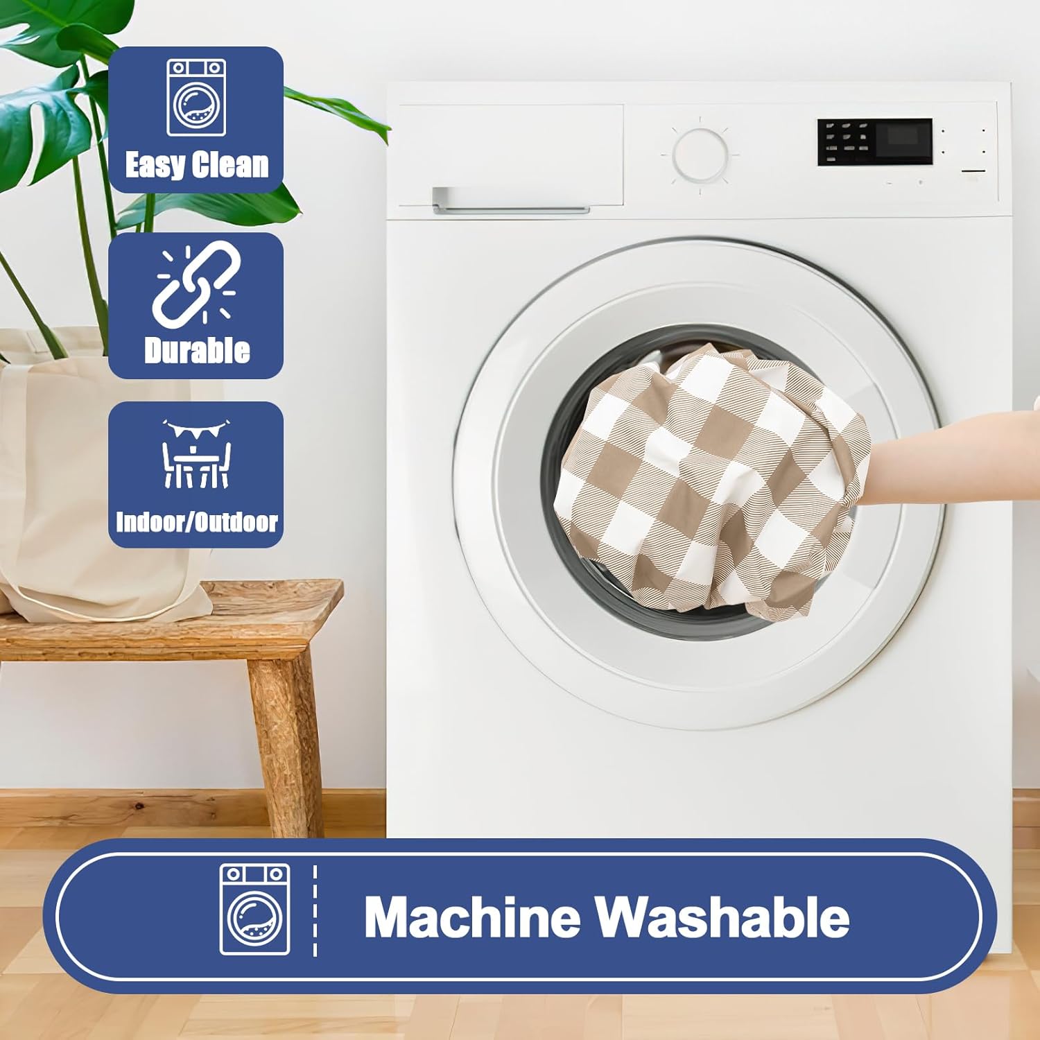 Smiry Picnic Table Cloth 2 Pack, Waterproof Elastic Fitted Tablecloths for 6FT Rectangle Tables, Washable Polyester Buffalo Plaid Tablecloth for Camping, Dining & Outdoor (Khaki & White, 30" x 72")