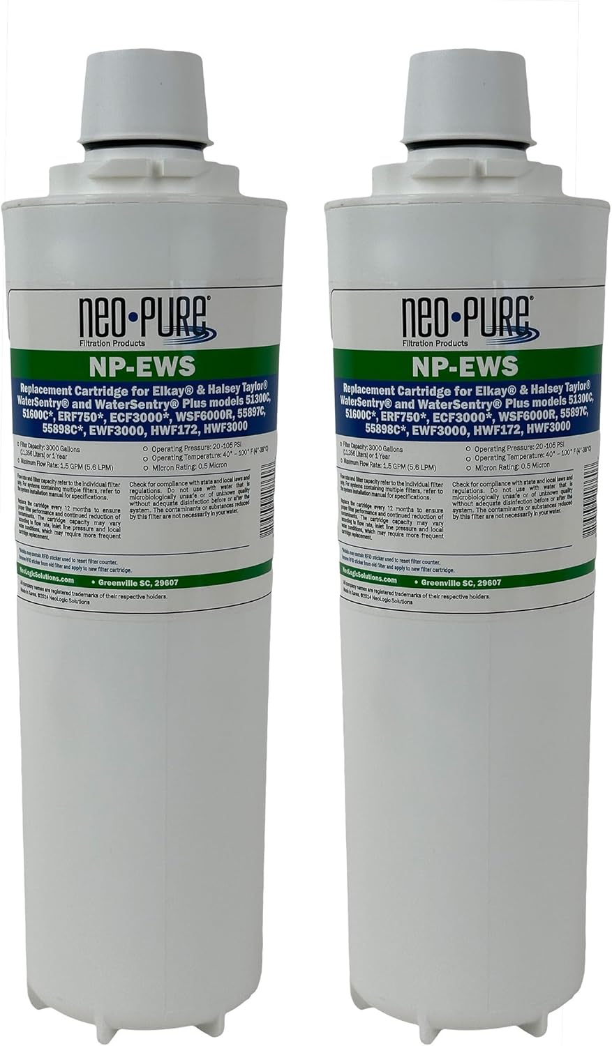 Neo-Pure NP-EWS Compatible Replacement Water Filter for Elkay 51299C, 51300C, WSF6000R and Halsey Taylor 55898C | Reduces Contaminants for Clean, Fresh Drinking Water (2-Pack)