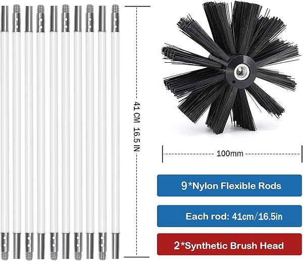 Kit de cepillo de limpieza para chimenea, diámetro 100 mm, herramienta de limpieza de chimenea, cepillo de 12 varillas flexibles de 410 mm y 2 cabezales de cepillo de 100 mm de diámetro para estufa de - 2