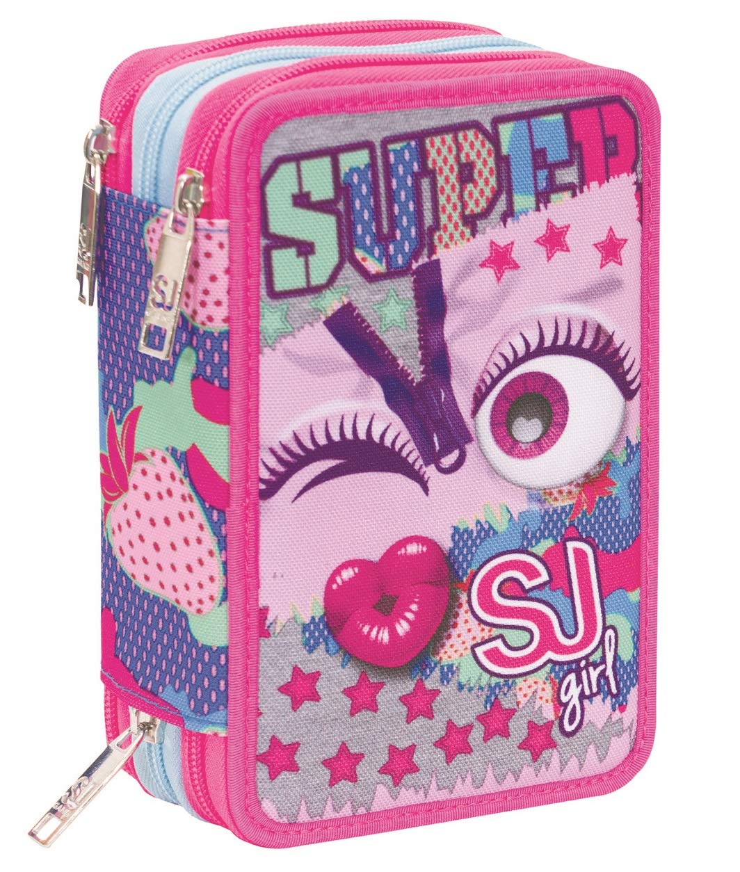 Astuccio 3 Scomparti SJ Gang, Facce da SJ, Rosa, Completo di penne, matite colorate, pennarelli…