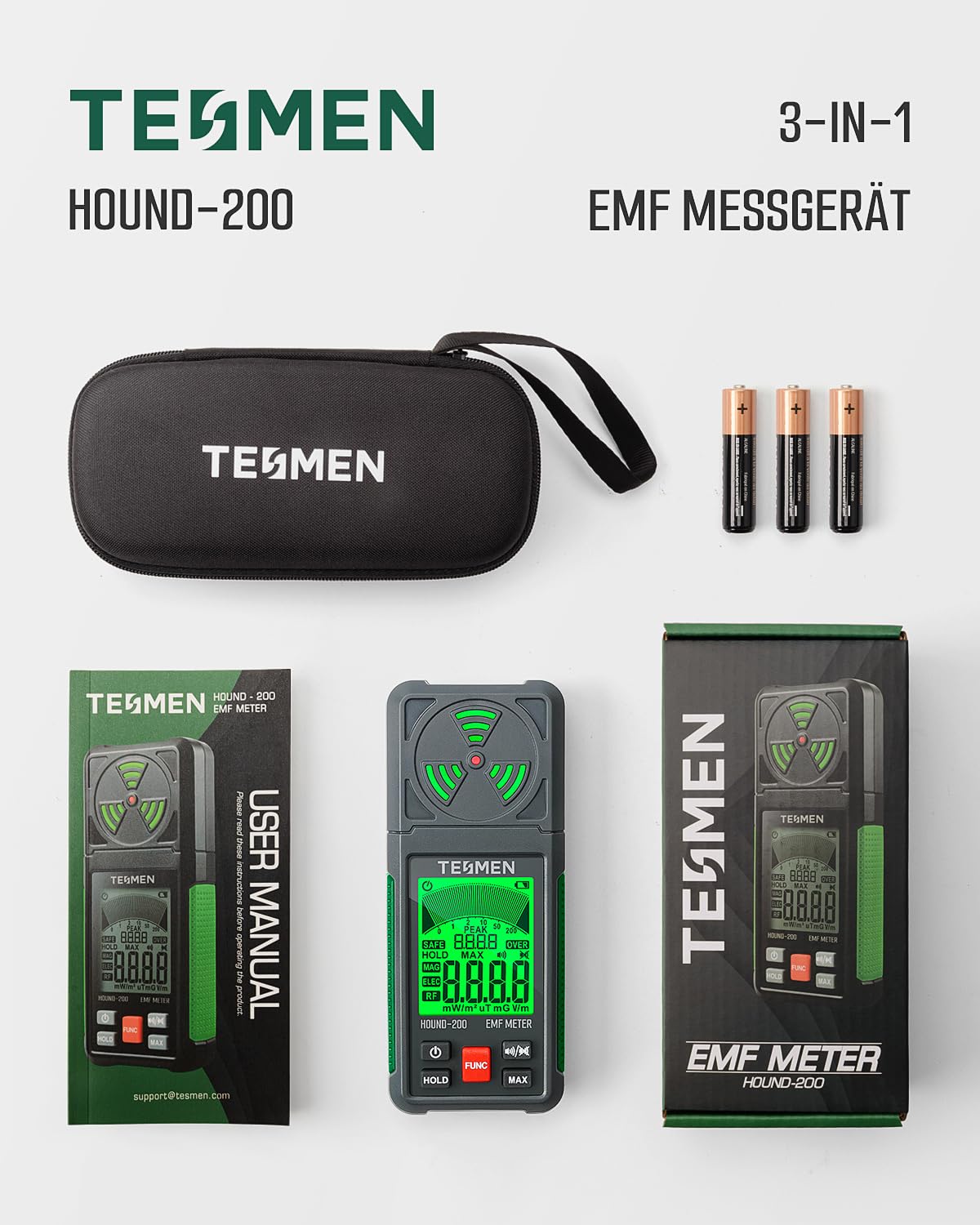 TESMEN HOUND-200 EMF-Messgerät, 3-in-1 tragbarer Elektromagnetfeldstrahlungsdetektor für EF RF MF, WiFi-Signal, zur Verwendung bei EMF-Inspektionen zu Hause und im Freien sowie Geisterjagd - Grün