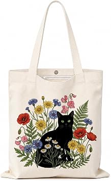 Printed Canvas Tote Bag Zipper Pocket & Magnetic Snap, Cat C