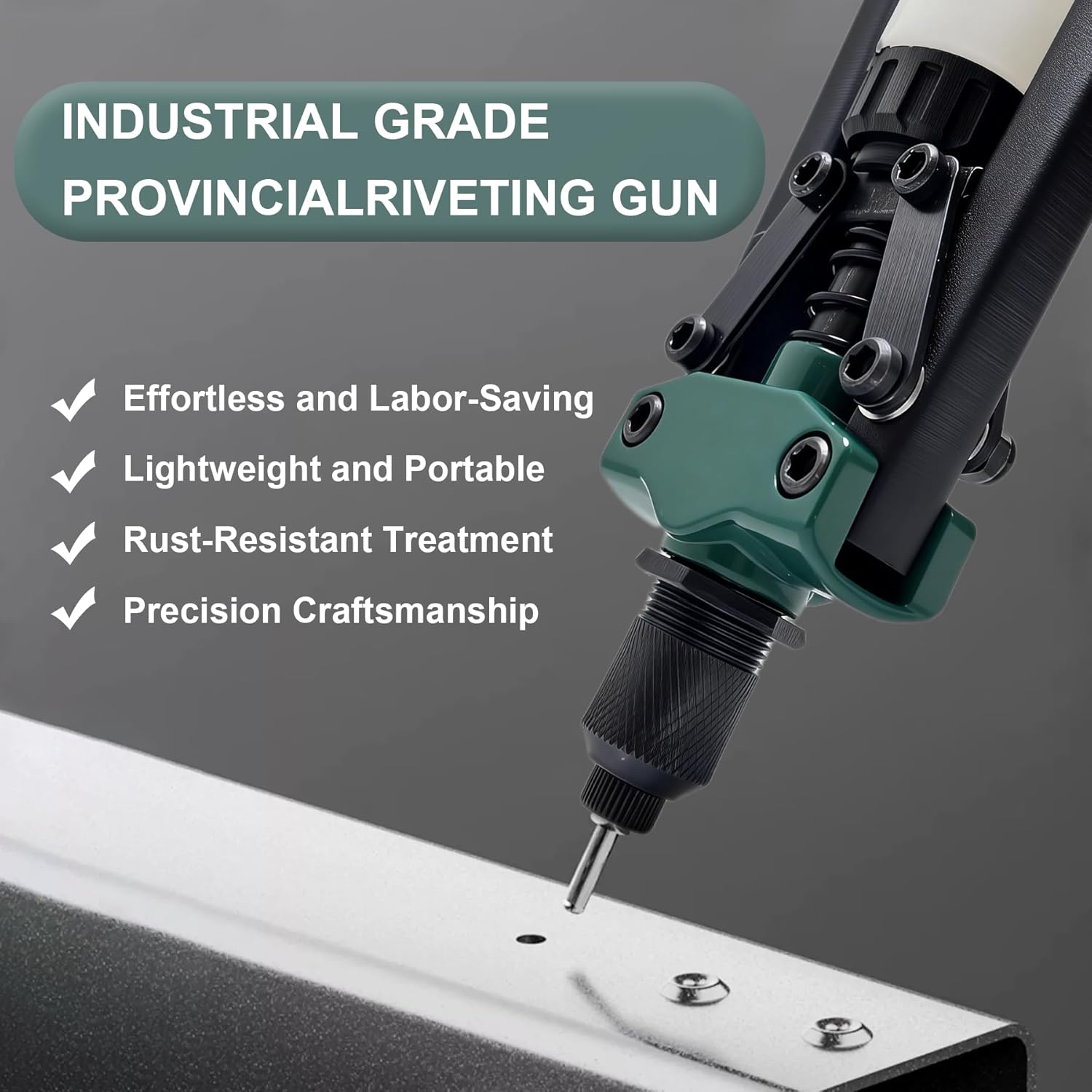 Heavy Duty Double Handle Rivet Gun, Professional Riveting Tool for Metal Working & Auto Repair, Handles 1/8” to 3/16” Rivets, with 3 Interchangeable Nosepieces & Storage Case