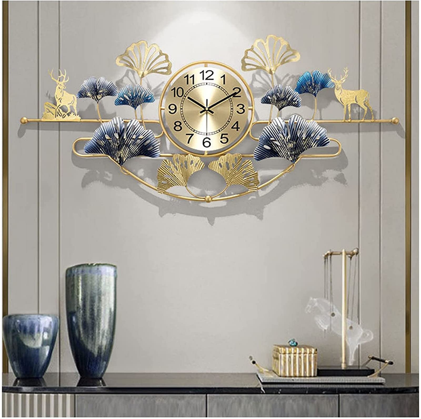 Sjdopulse A Wall Clock Modern Rt Wall Clock Metal Wall Clock, Silent Non Ticking Wall Clock Large Ginkgo Leaf Design Quartz Decor Clocks 3D Rt Wall Clock For Living Room Kitchen Bedroom,,82 * 41Cm