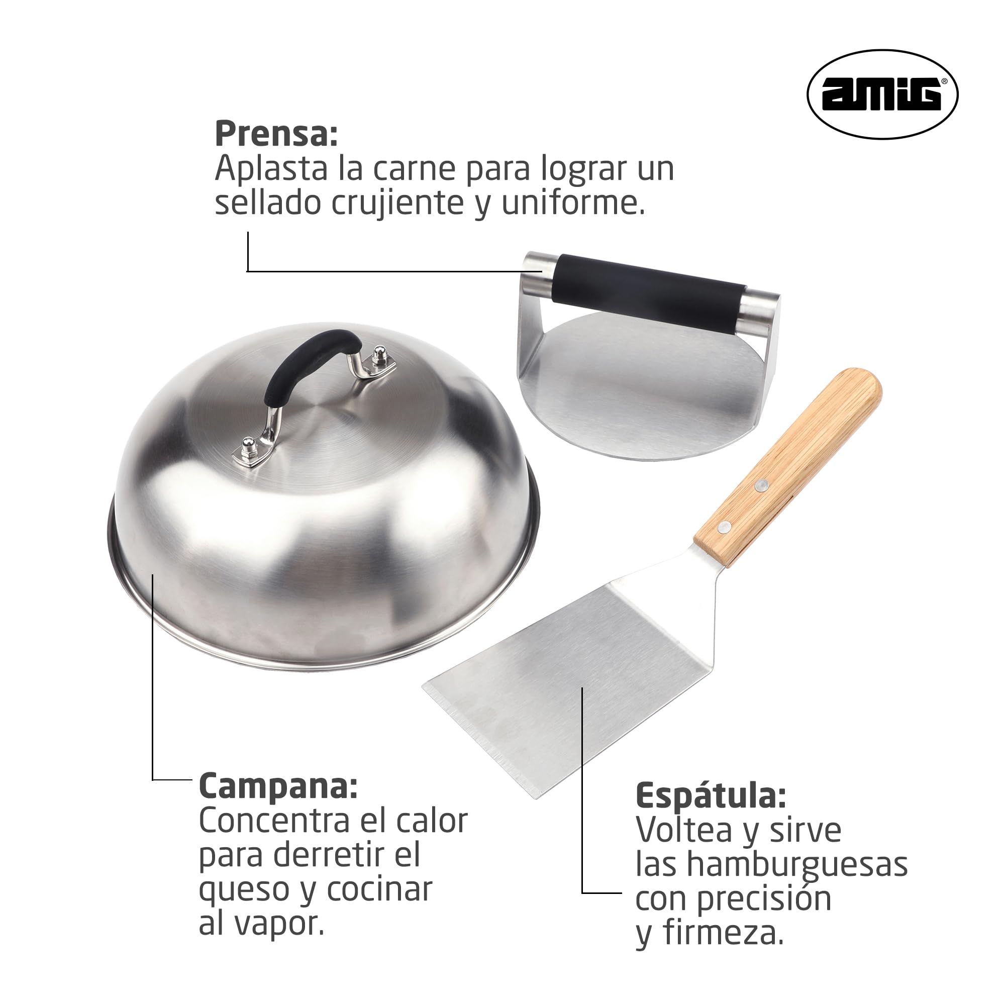 Amig - Kit 3 Accesorios para Smash Burger - Prensa para Carne, Campana para Fundir Queso, Espátula - Acero Inoxidable - Mod. AM12