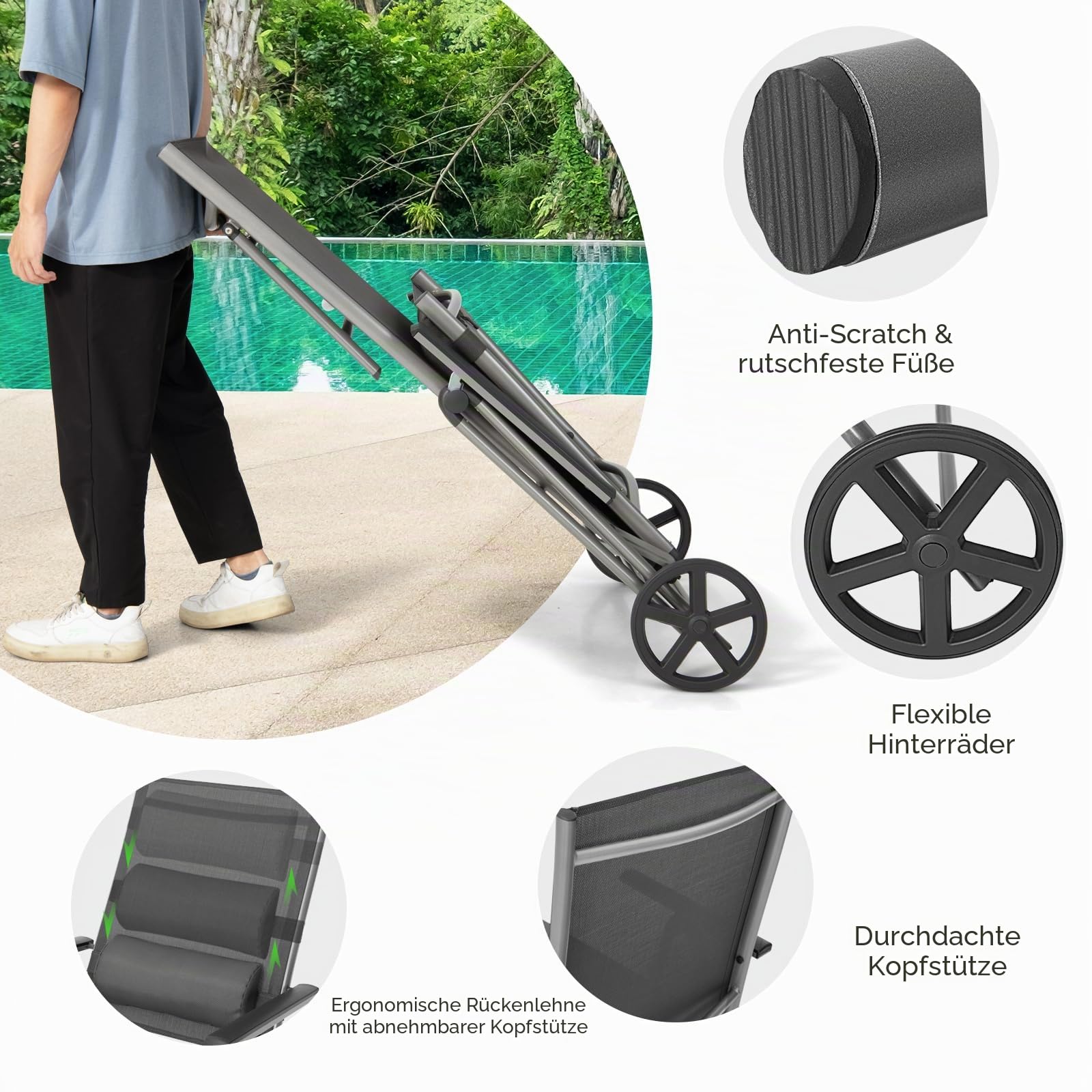 KOMFOTTEU Gartenliege mit Rollen, Klappliege aus Aluminium, Liegestuhl mit 7-Fach Verstellbarer Rückenlehne, Sonnenliege mit Abnehmbarer Kopfstütze für Strand, Pool