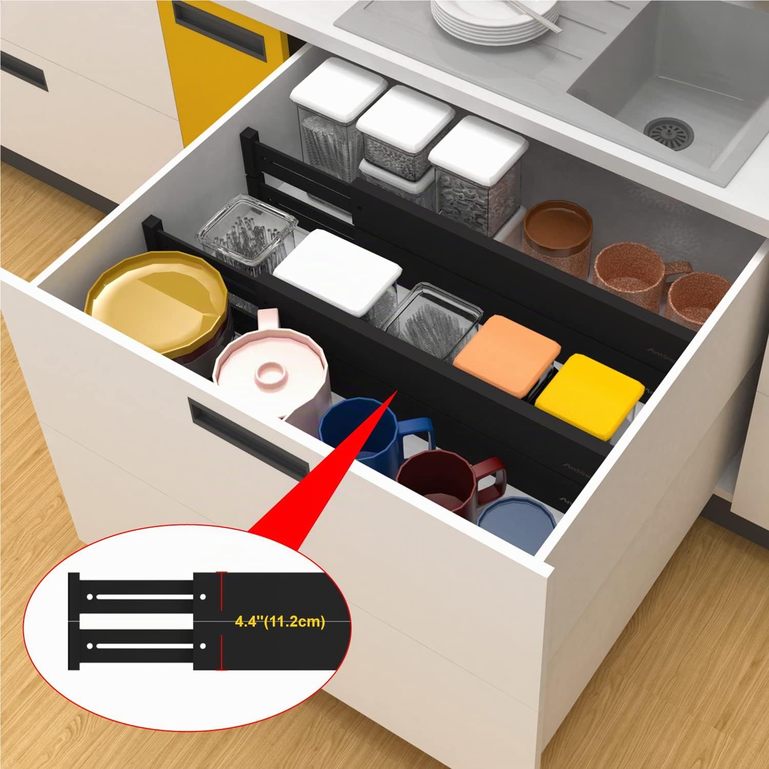 ANTOWIN Separatore per cassetti regolabile in bambù (43-56 cm), organizer per cassetti, a molla, cucina, comò, bagno, camera da letto, cassetto, scrivania (nero)