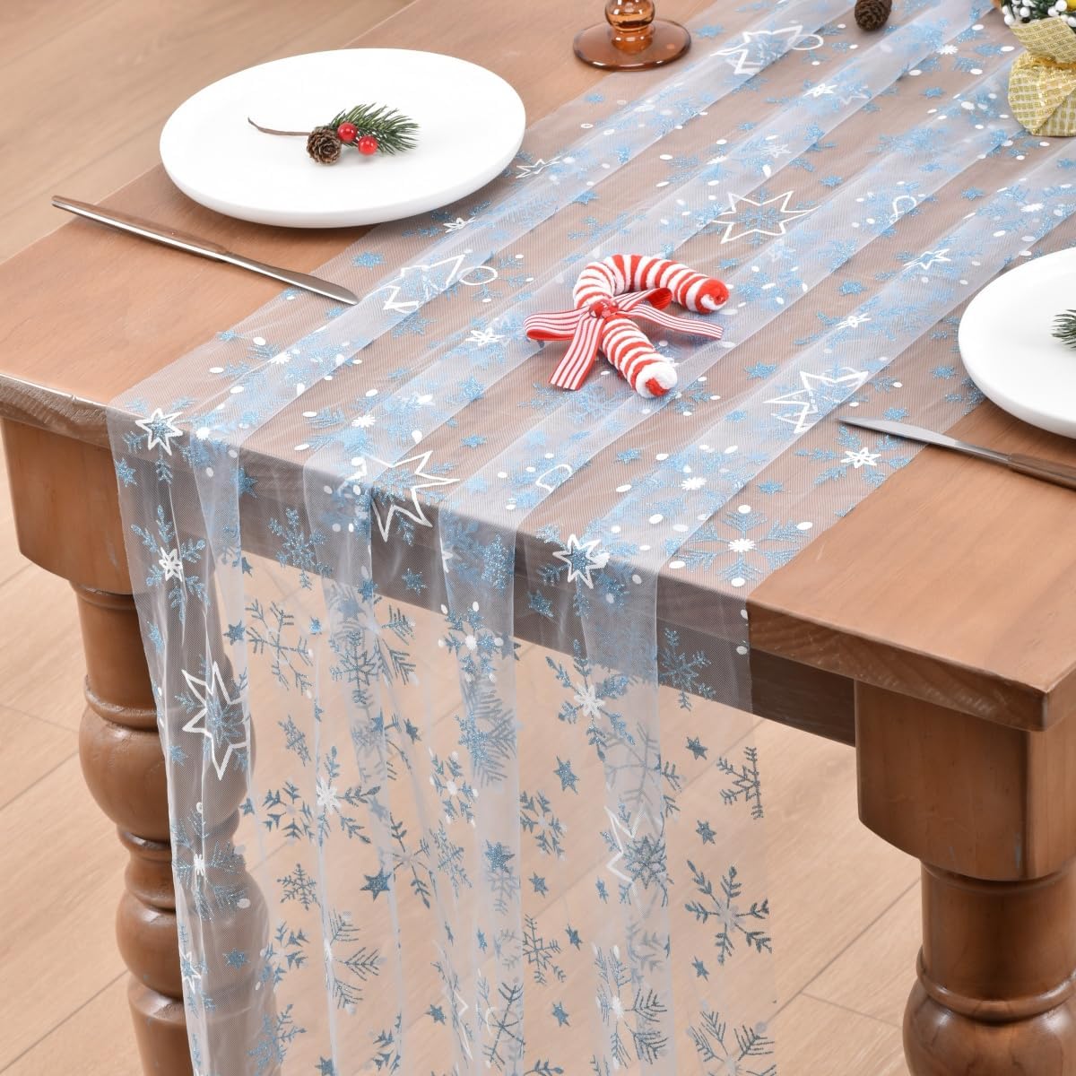 Joanlody 4pcs Blue Christmas Snowflake Gauze Table Runner Glitter Metallic Foil 10ft Seasonal Sheer Tulle Table Runner for Wedding Birthday Party Winter Festival Holiday Home Decor