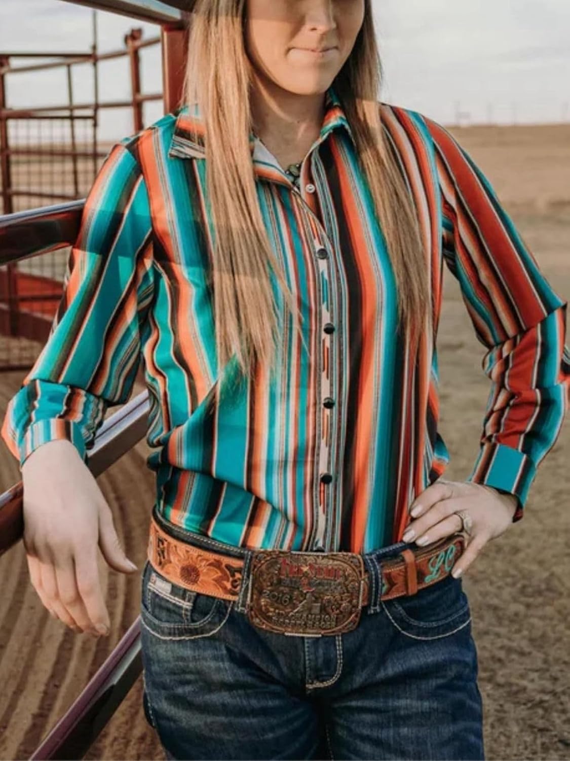 Womens Retro Aztec Pearl Snap Shirts Lapel Button Up Blouse Long Sleeve Cowgirl Ethnic Print Rodeo Western Tops - Image 2