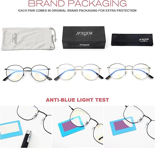 Miniatura 6 de JFXQDR Gafas redondas con bloqueo de luz azul para mujeres y hombres, marco de alambre de metal, lentes de computadora antirreflejos y UV RF5002